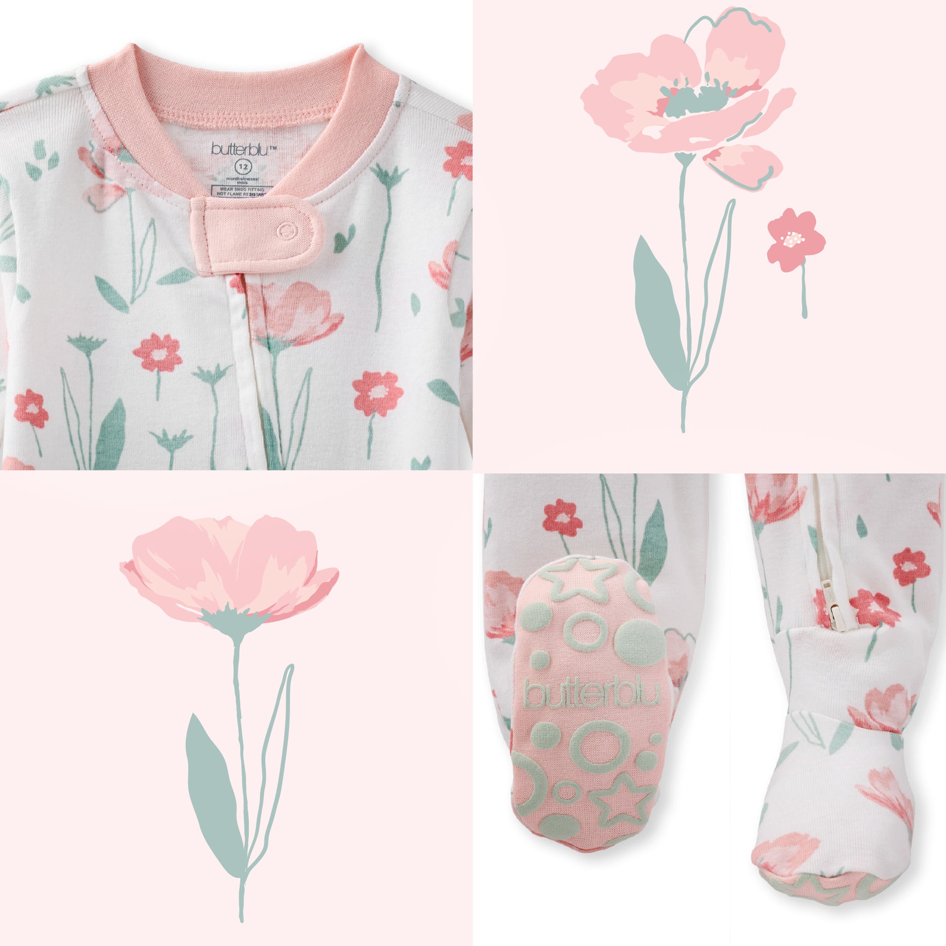 Baby onesie with floral pattern and matching socks, featuring the brand 'Butterfly'.