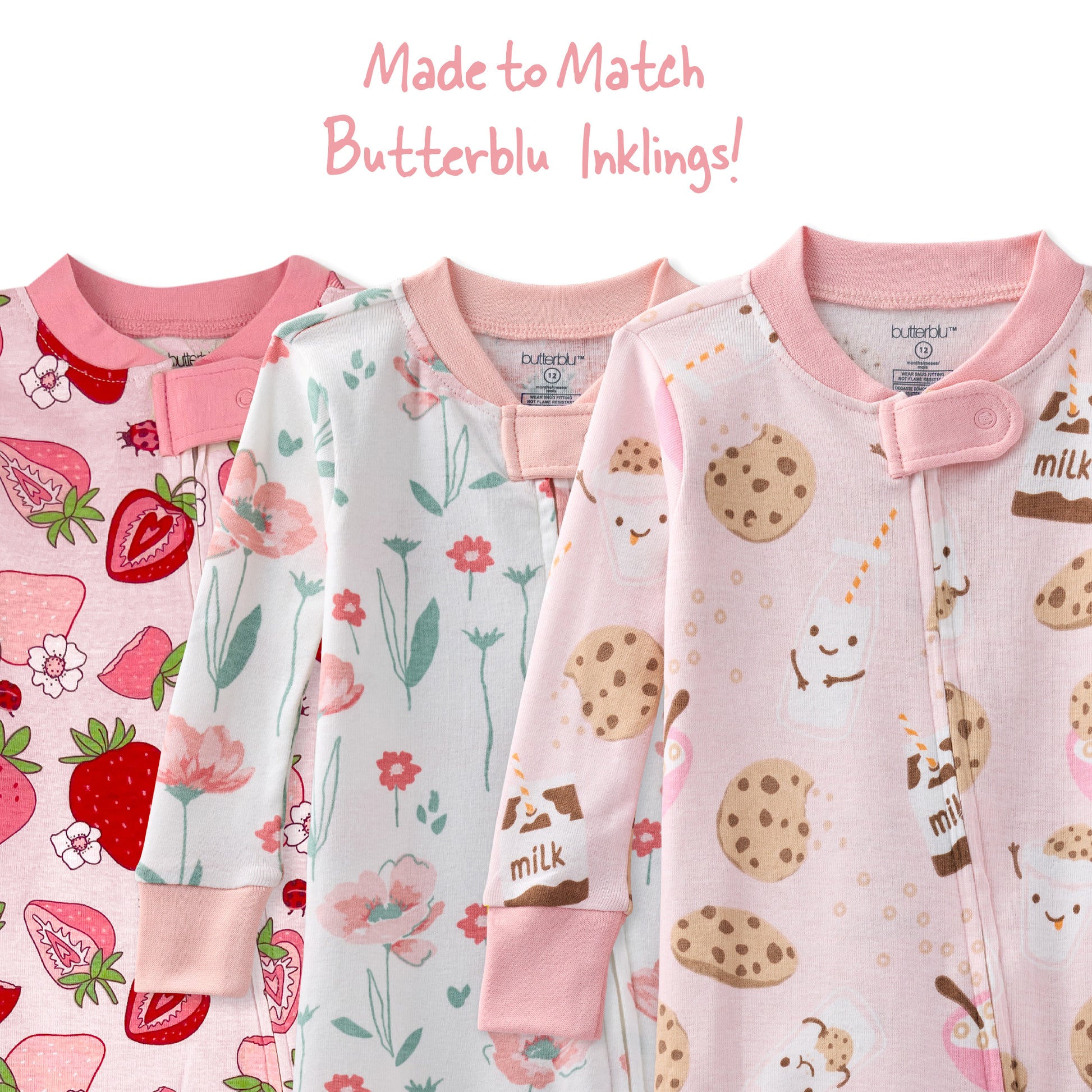 Three baby onesies with different patterns on a white background, labeled 'Made to Match Butterblu Inklings'.