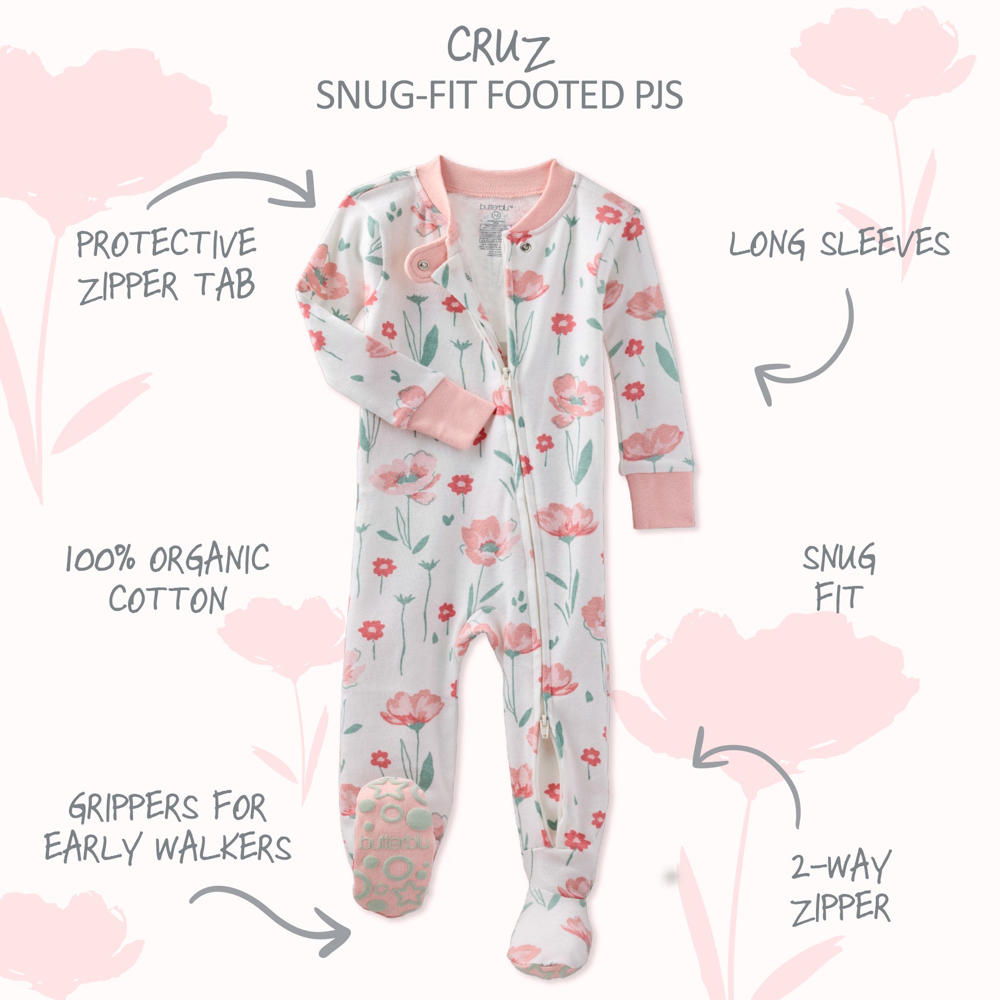 Floral-patterned snuggly fit footed pajamas with text detailing features on a pink floral background