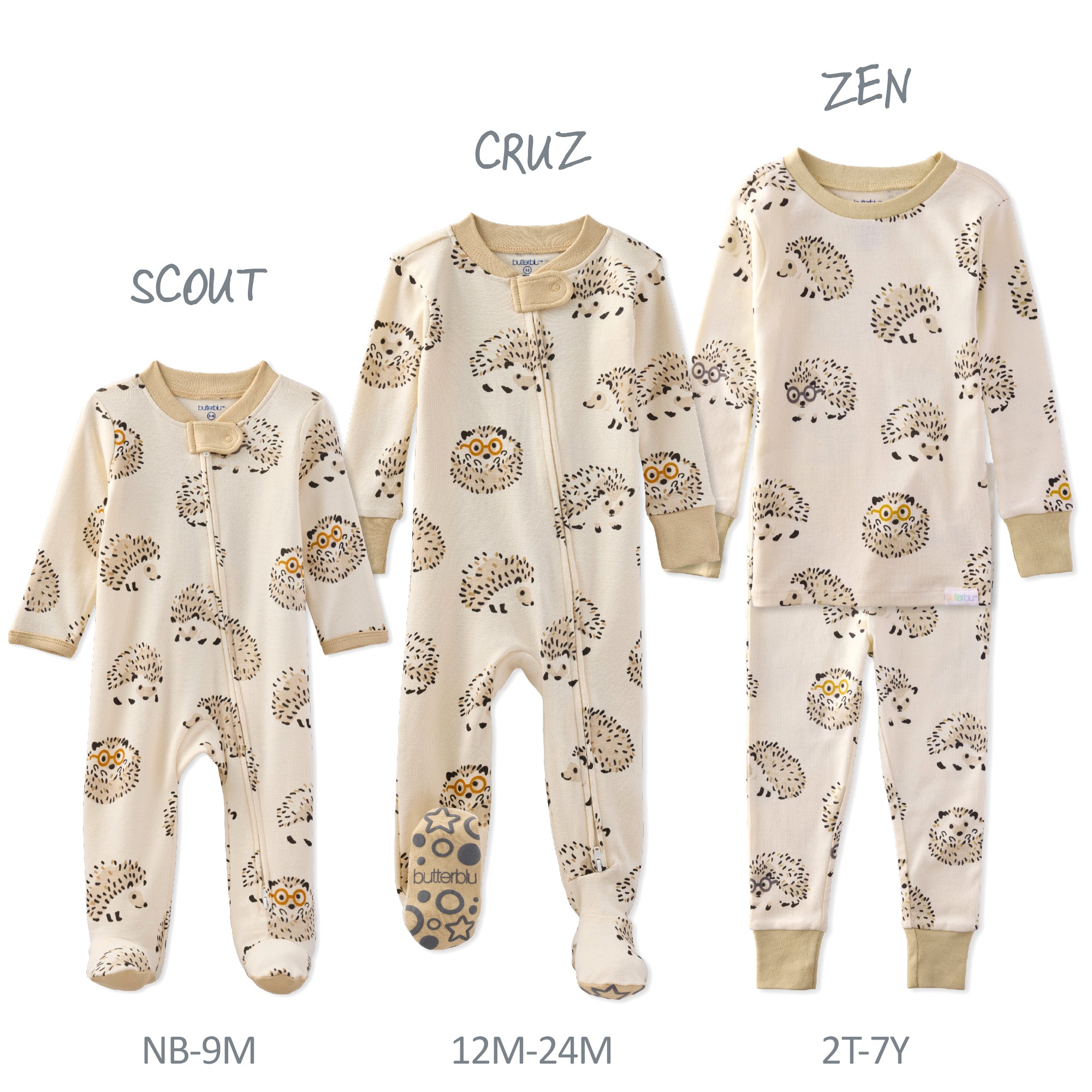 Three baby onesies with hedgehog pattern labeled 'Scout', 'Cruz', and 'Zen' in different sizes.