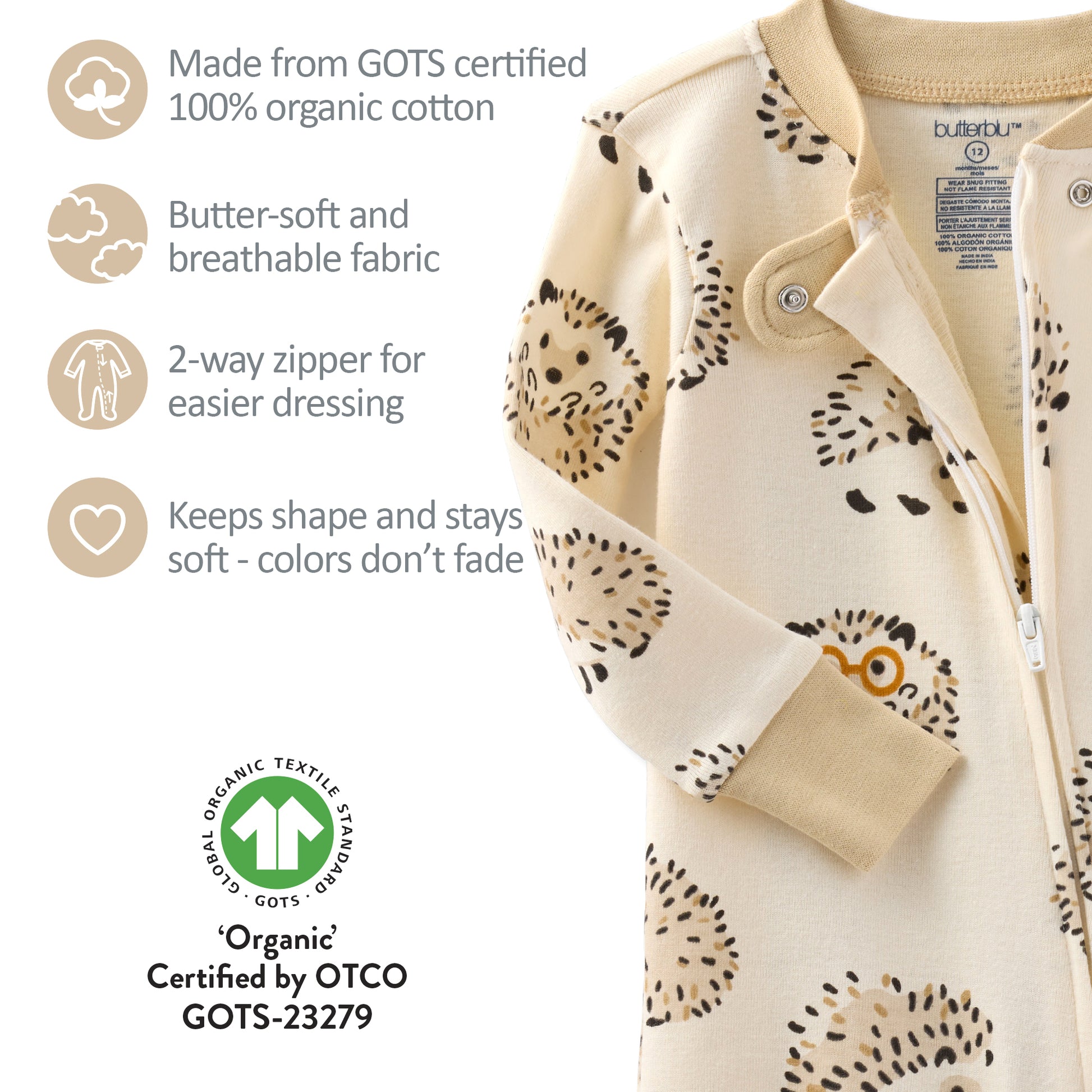 Children's coat with organic cotton features and GOTS certification label.