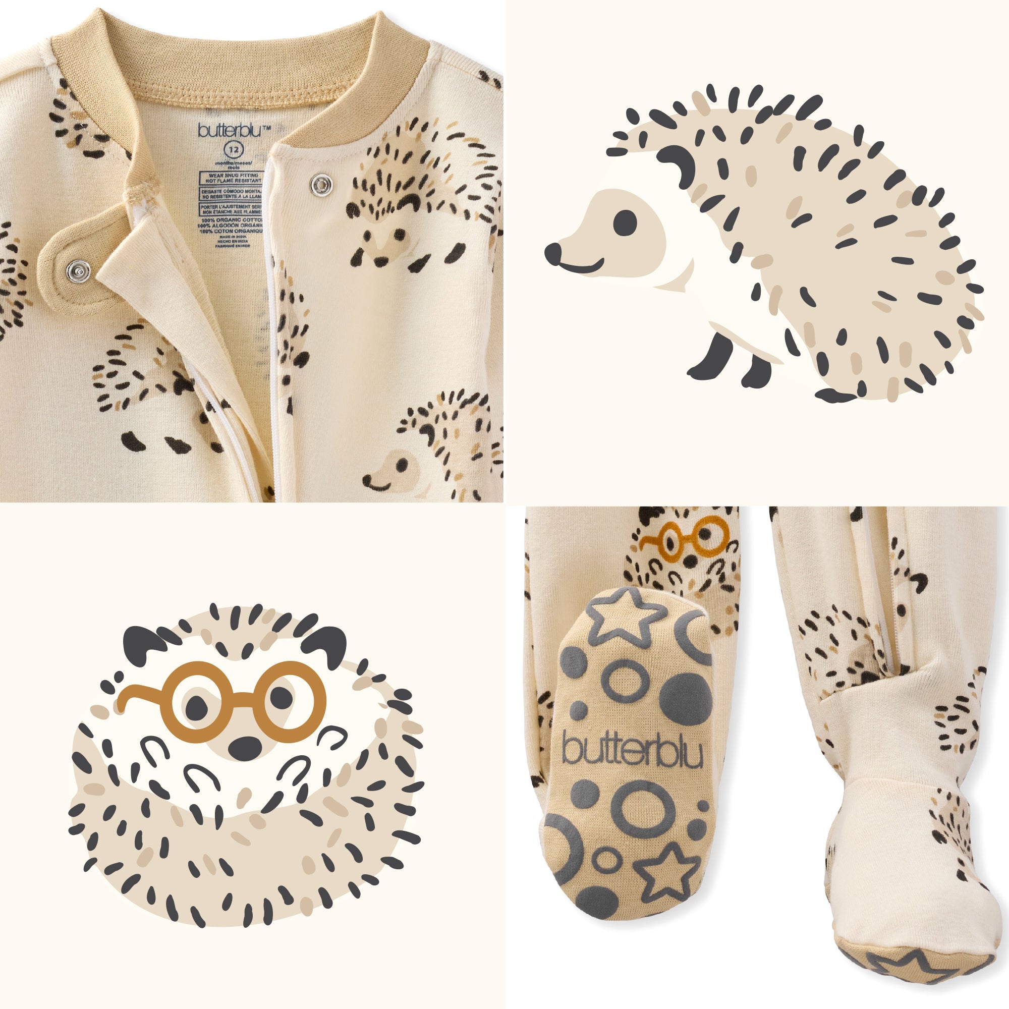 Baby clothing set with hedgehog design and matching socks, featuring the brand 'butterblu'.