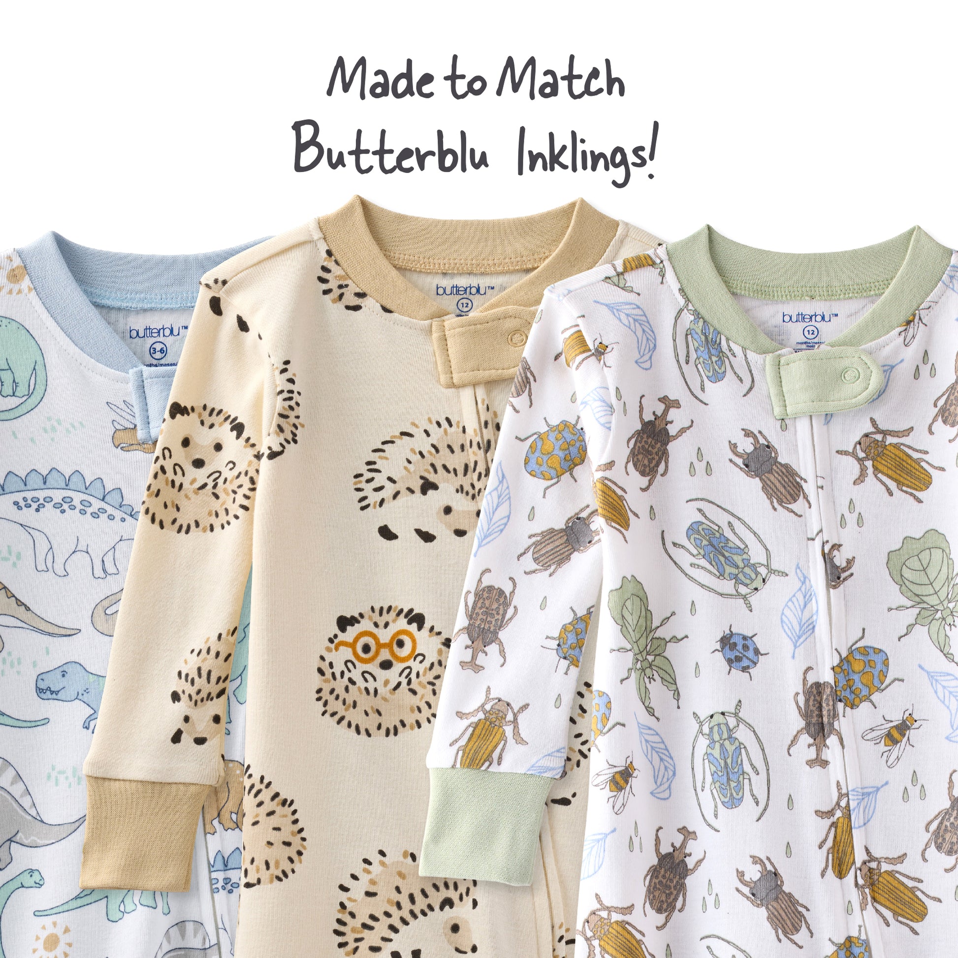 Three children's pajamas with different patterns on a white background, labeled 'Made to Match Butterblu Inklings'.