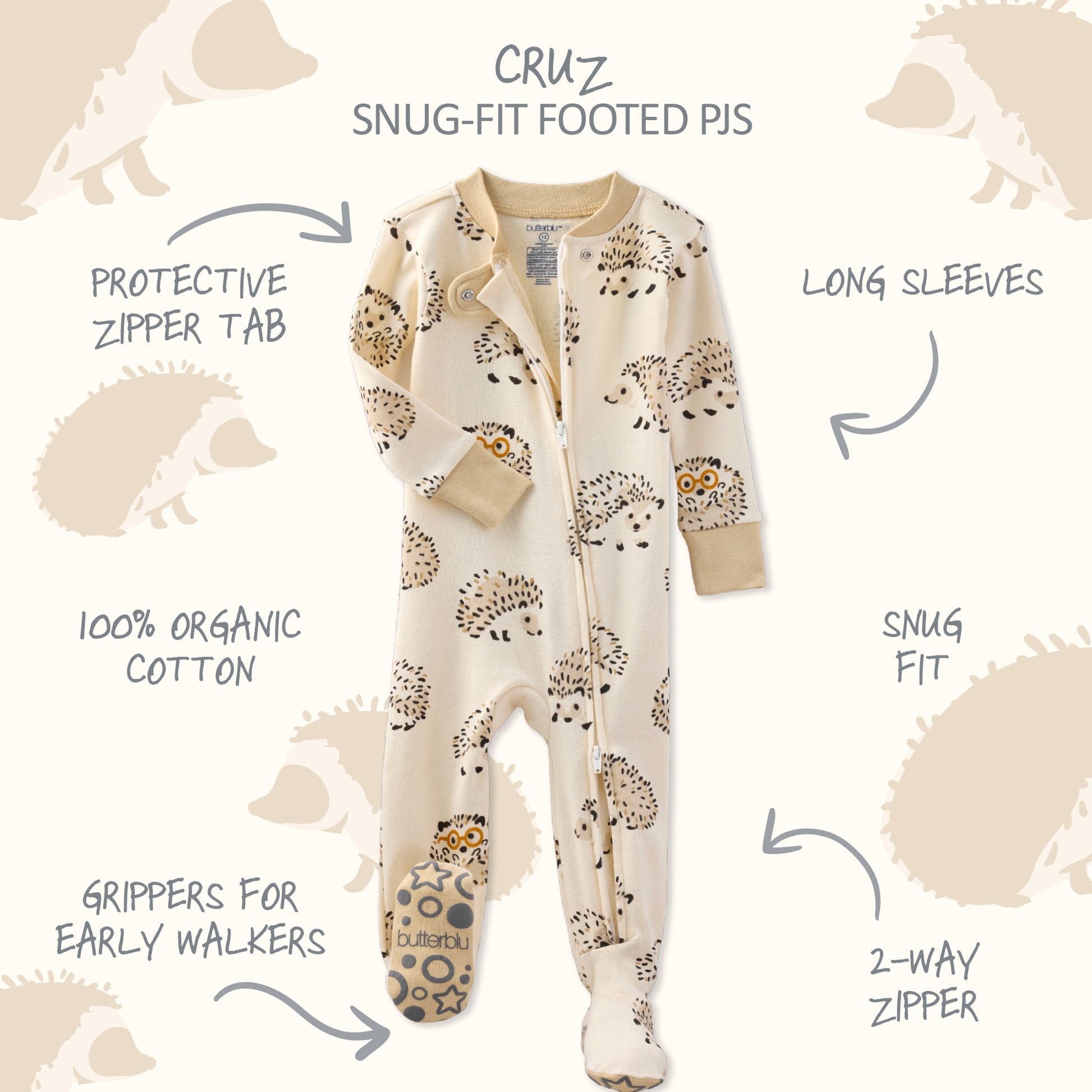 Baby onesie with hedgehog pattern on a beige background with text detailing features.