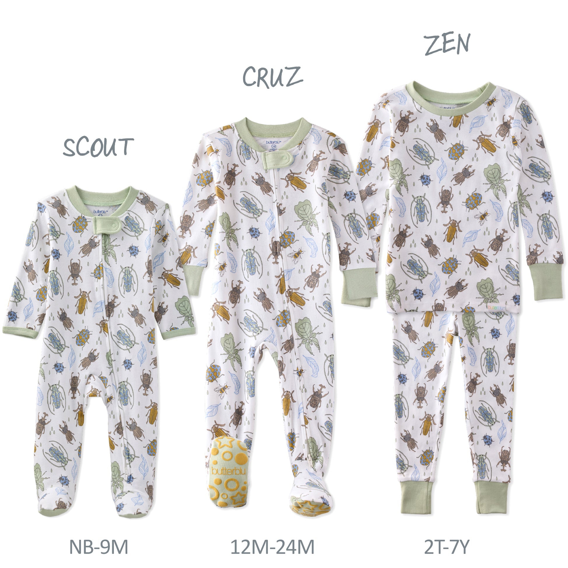 Three sizes of children's pajamas with patterns and labels 'Cruz', 'Scout', and 'Zen' on a white background.
