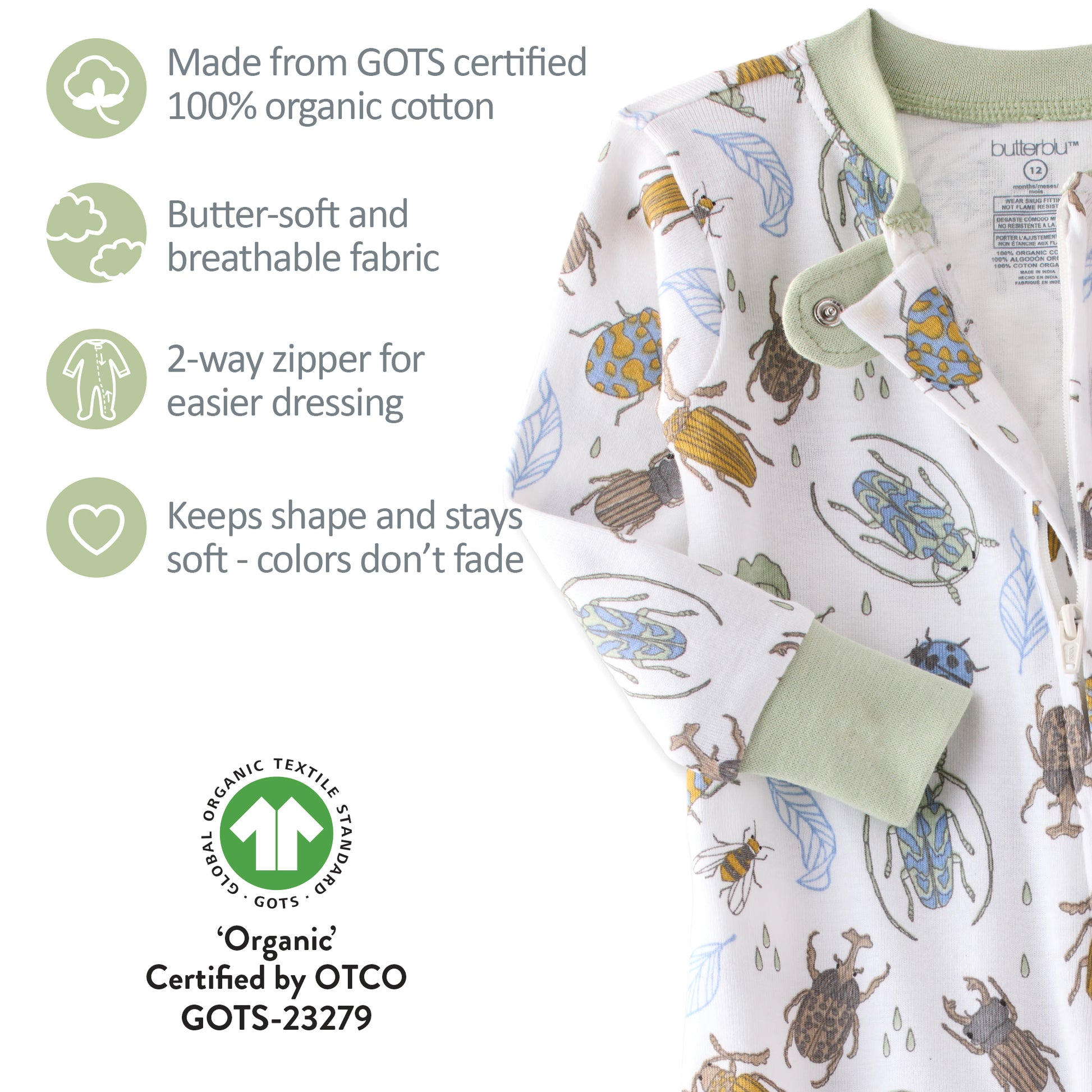 Baby romper with insect pattern and organic cotton certification details on a white background