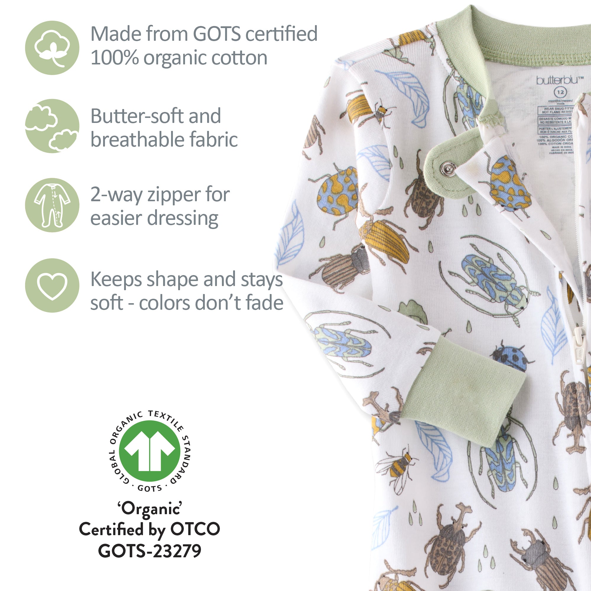 Baby romper with insect pattern and organic cotton certification details on a white background