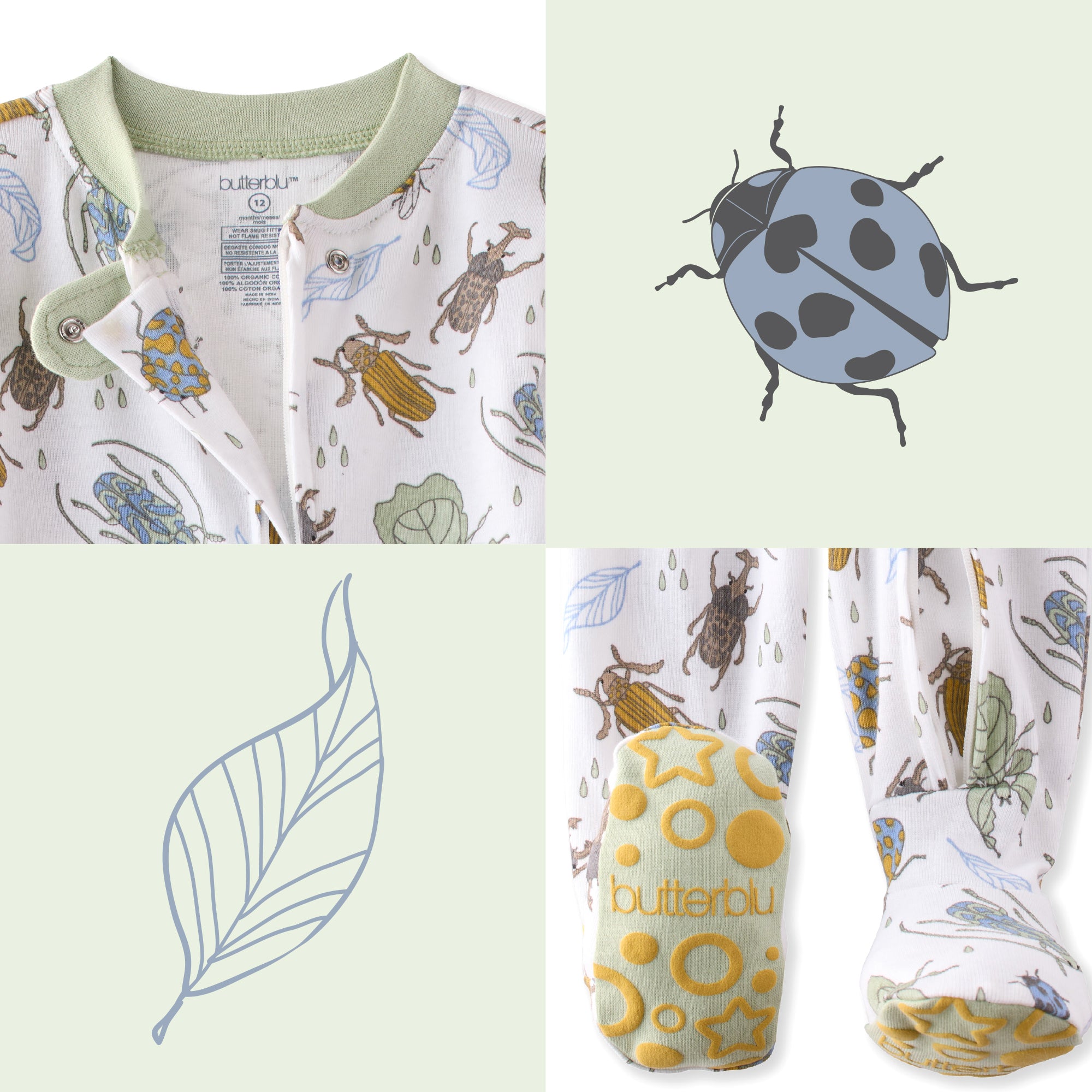 Baby onesie with insect pattern and matching items on a light green background