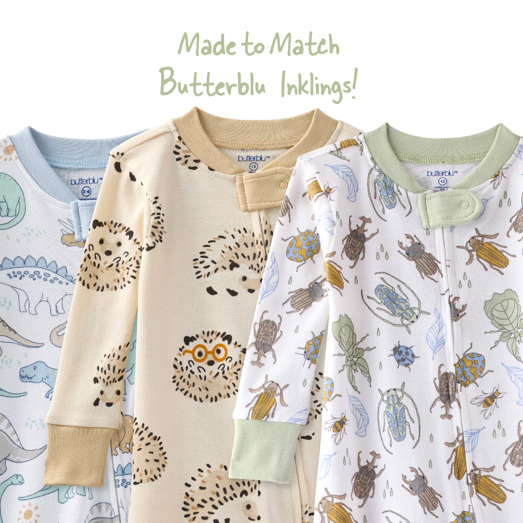 Three baby onesies with different patterns on a white background, featuring text 'Made to Match Butterblu Inklings'.