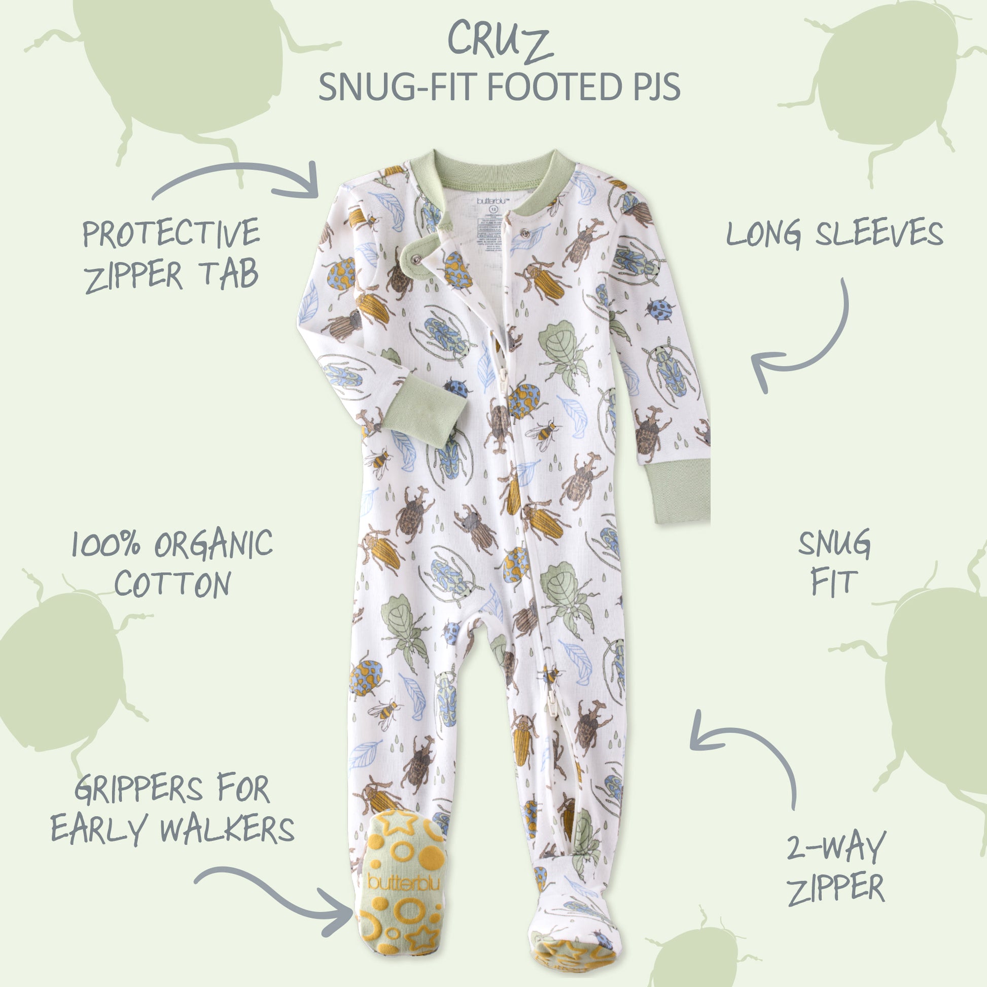 Children's snug-fit footed pajamas with insect pattern on a light green background