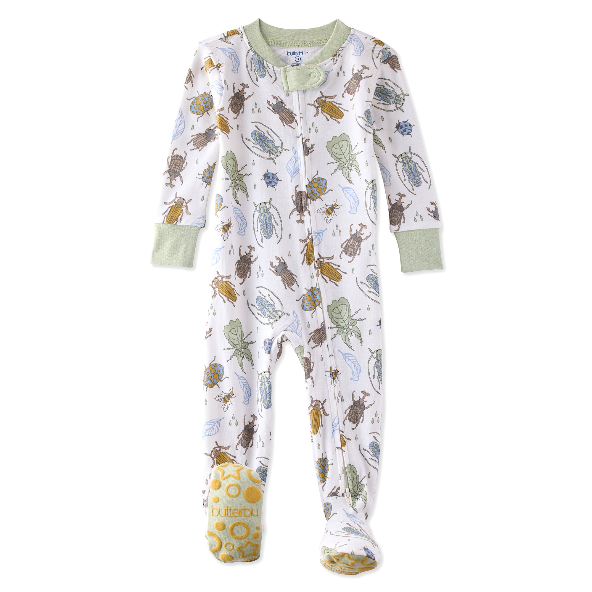 Baby onesie with insect pattern on a white background