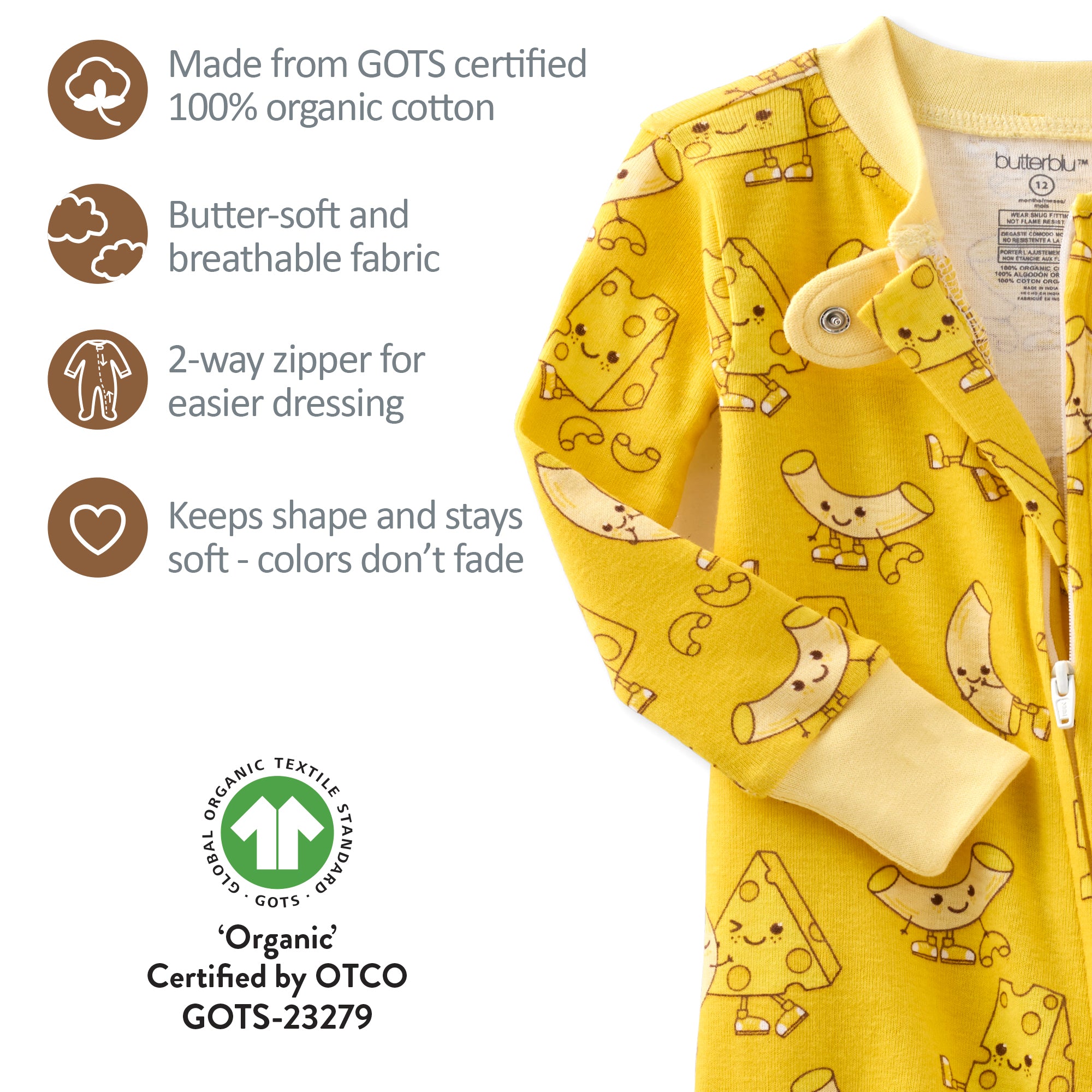 Yellow baby onesie with cartoon designs on a white background