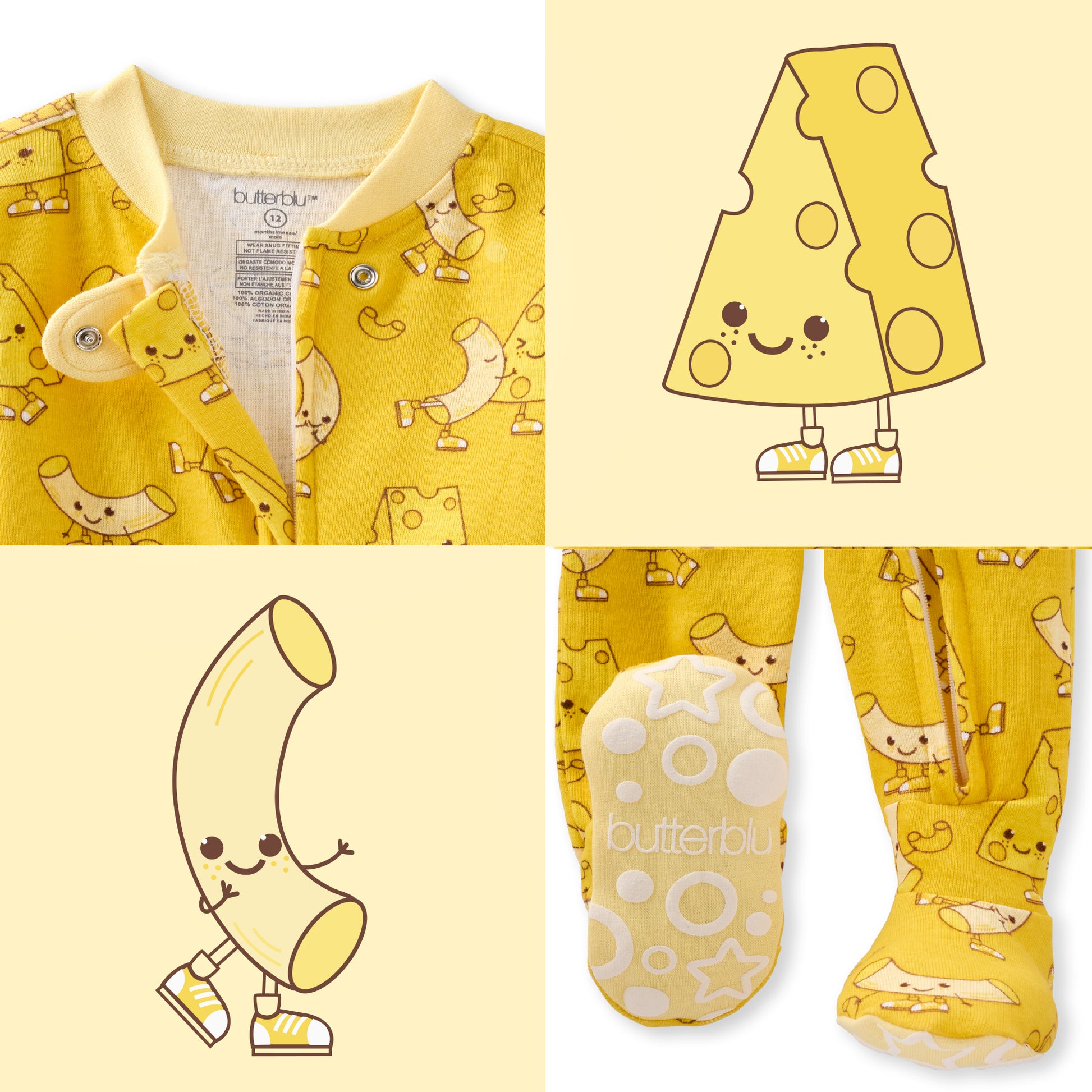 Yellow baby onesie with cartoon designs on a white background