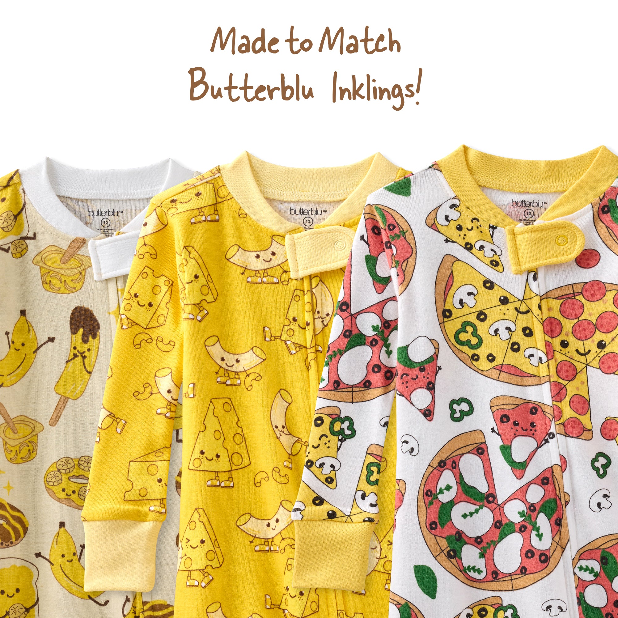 Yellow baby onesie with cartoon designs on a white background