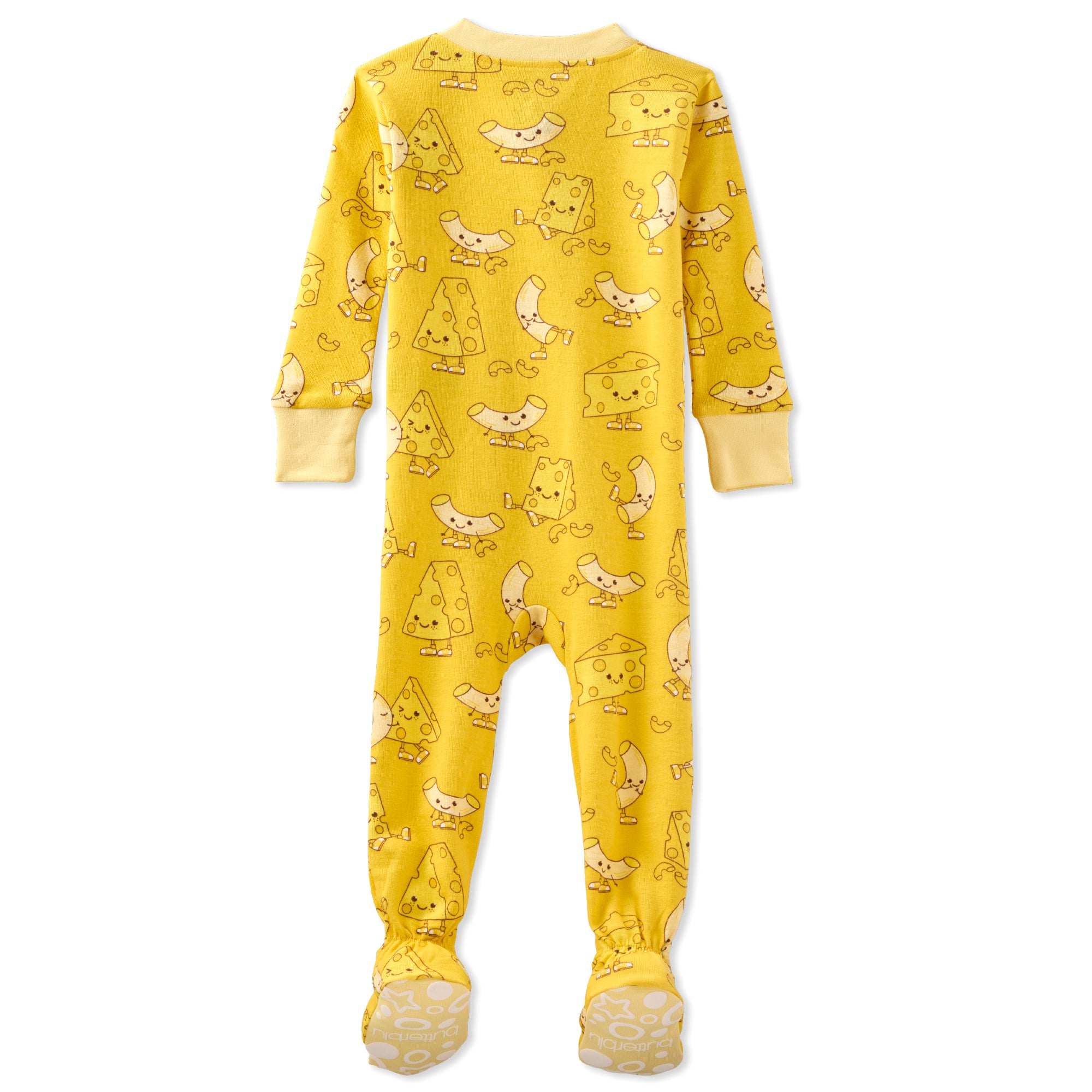 Yellow baby onesie with cartoon designs on a white background