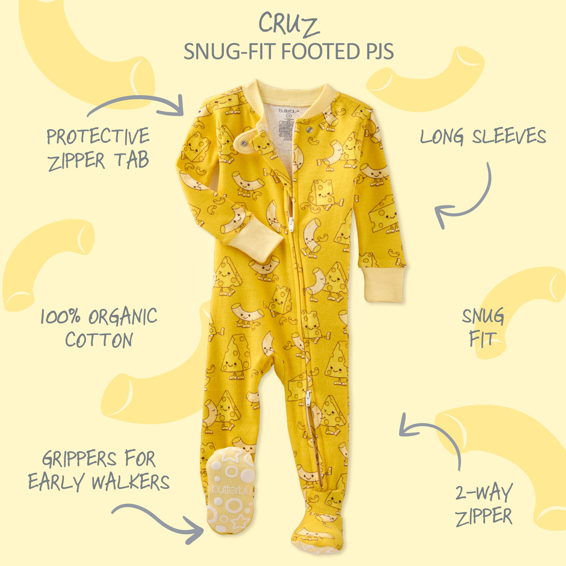 Yellow baby onesie with cartoon designs on a white background