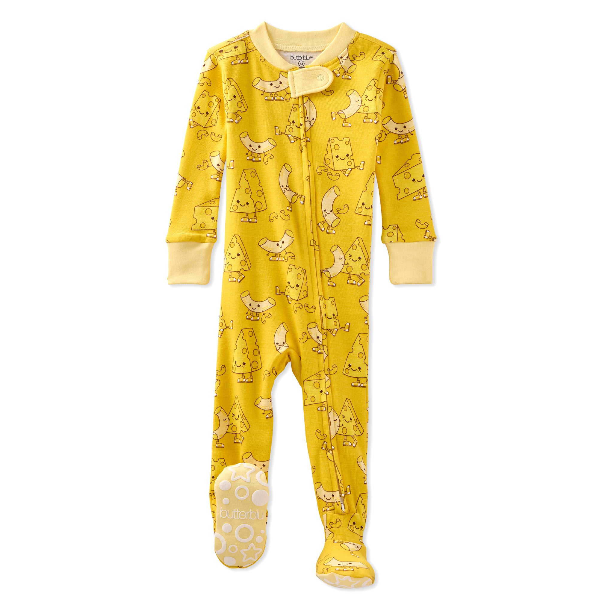 Yellow baby onesie with cartoon designs on a white background