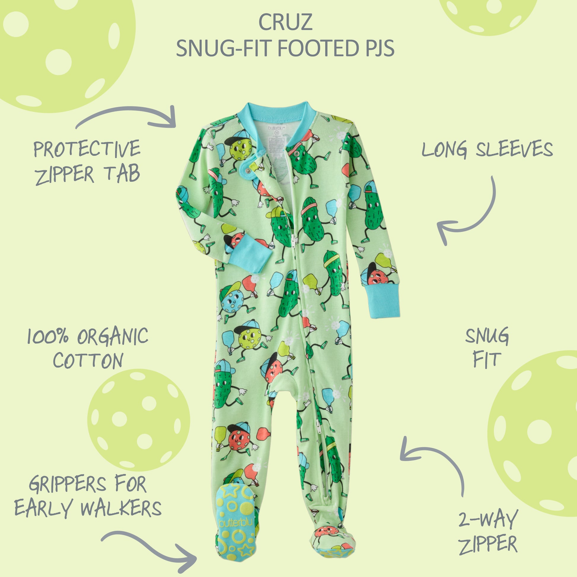 Pajamas with product descriptions surrounding it and CRUZ title at the top
