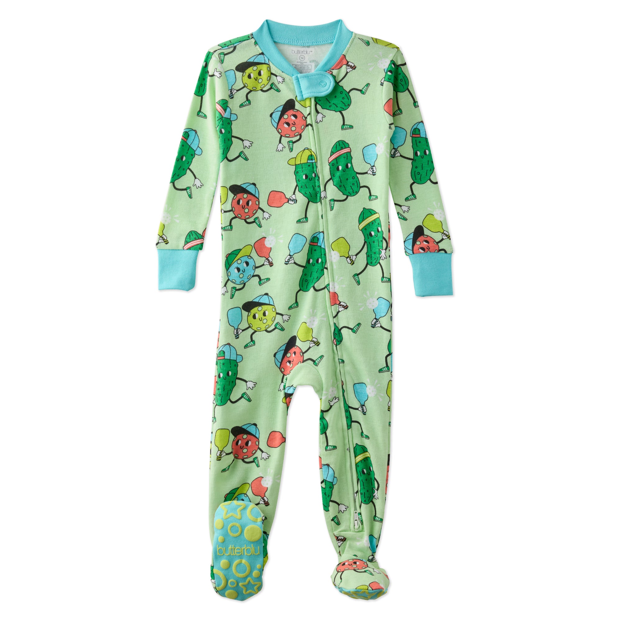 Green CRUZ baby pajamas with pickle's playing pickleball on a white background
