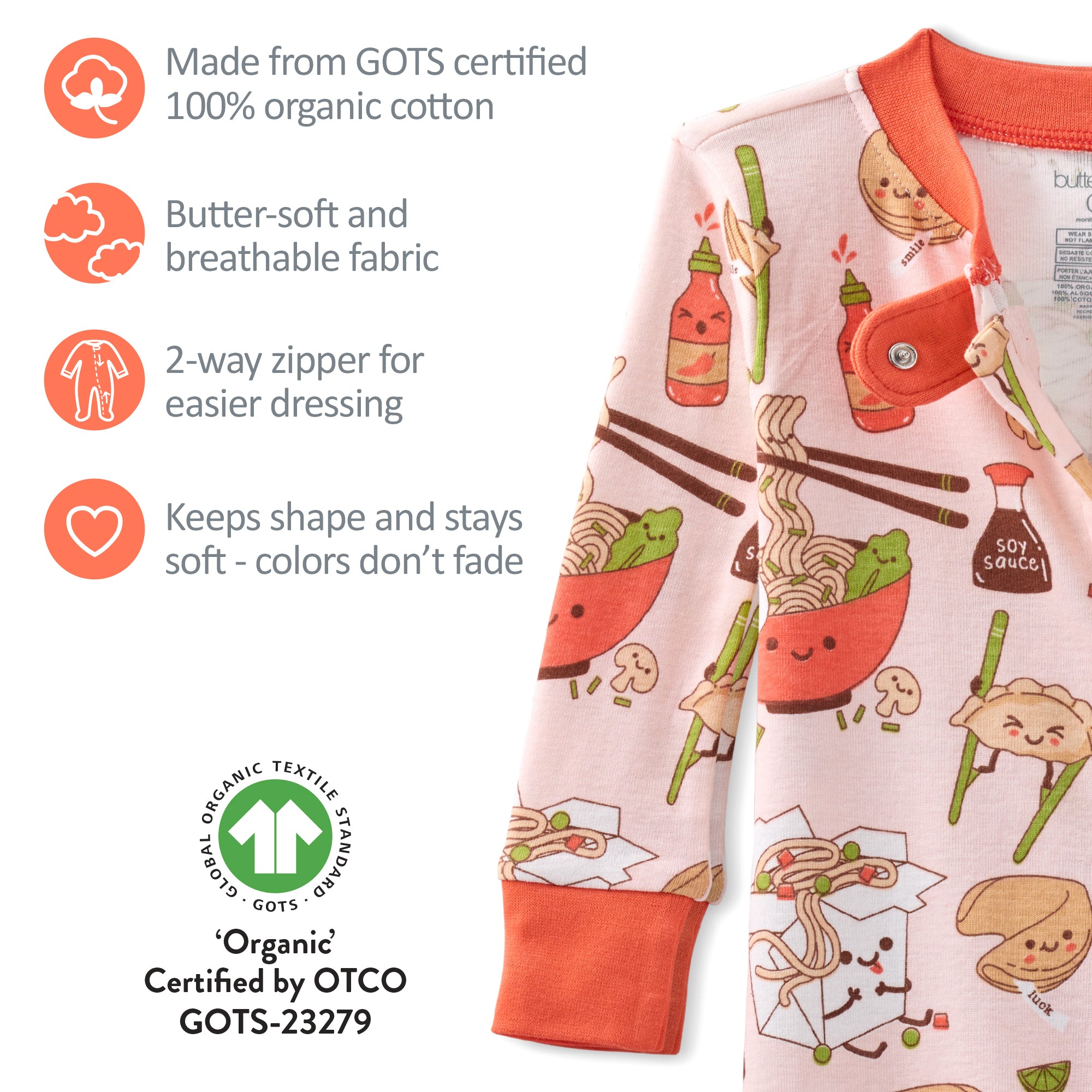 Children's pajamas with food-themed design and GOTS certification label.