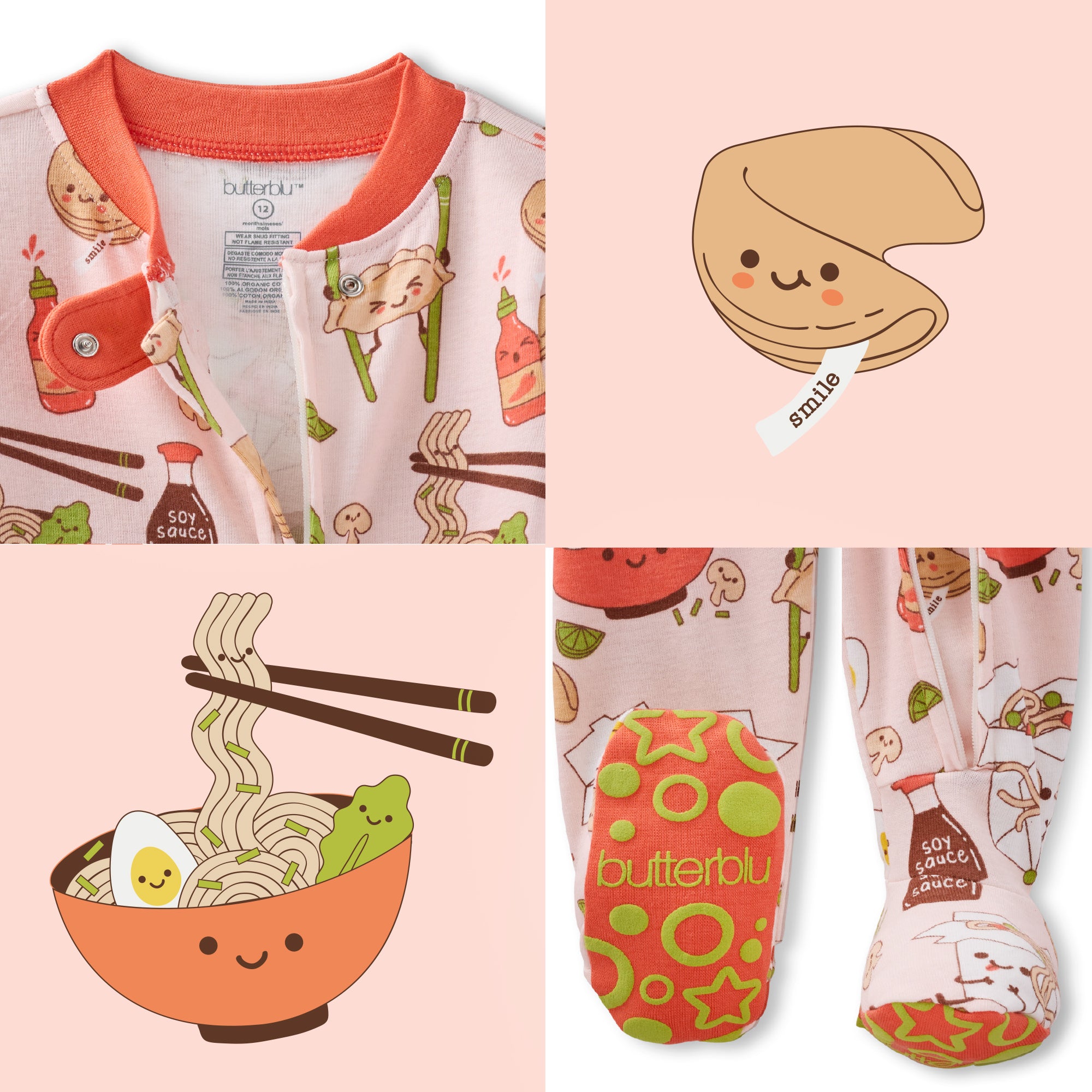 Children's pajama set with cartoon food design on a pink background