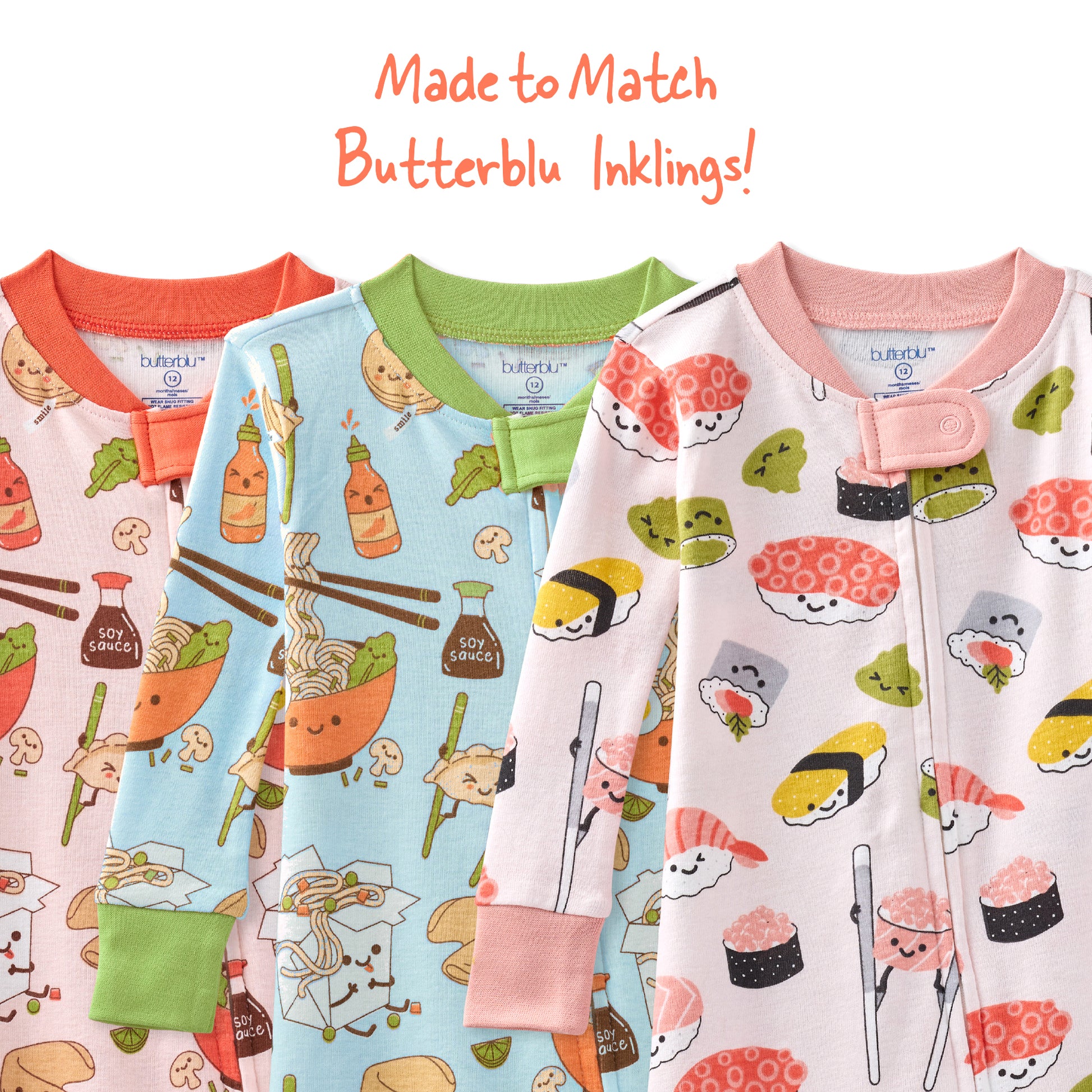 Three children's pajamas with cartoon food patterns and text 'Made to Match Butterblu Inklings'.