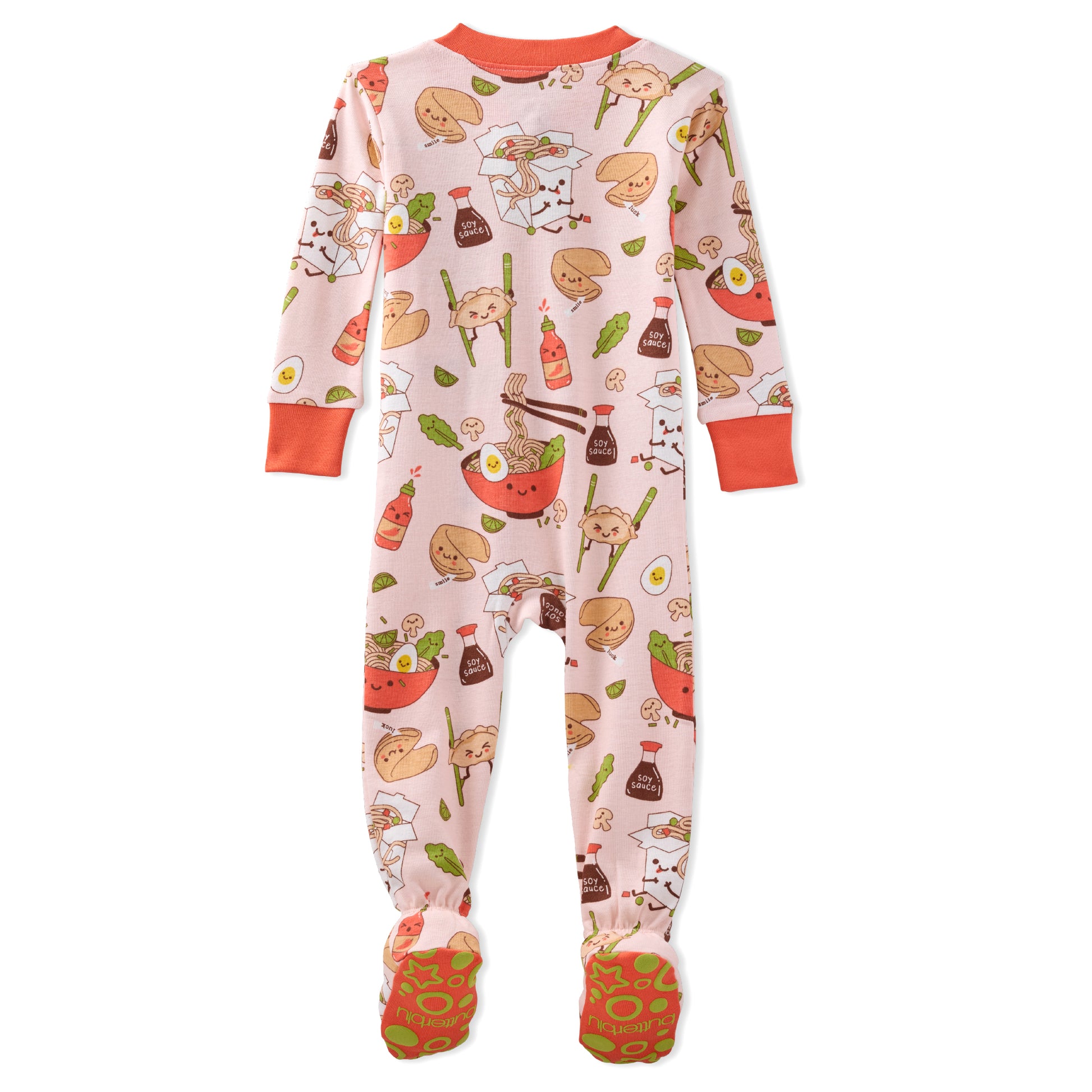 Children's onesie with cartoon food pattern on a white background