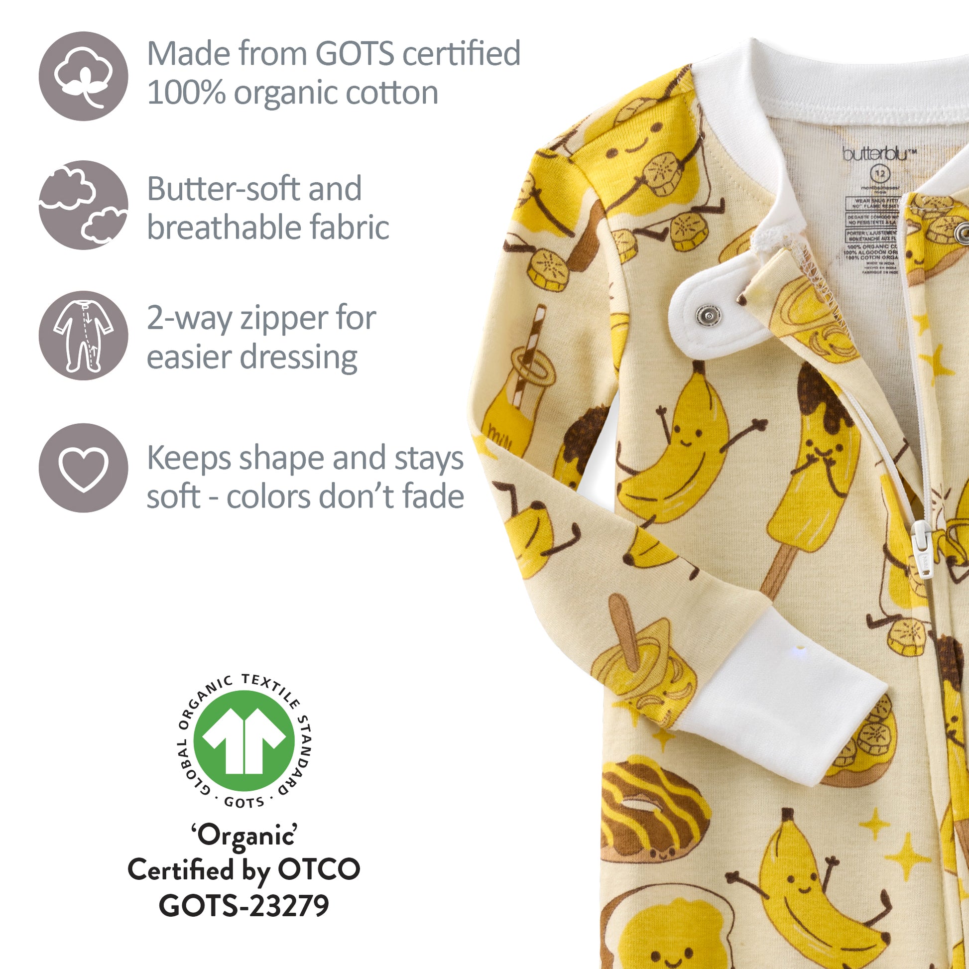 Baby onesie with banana pattern and product details on a white background