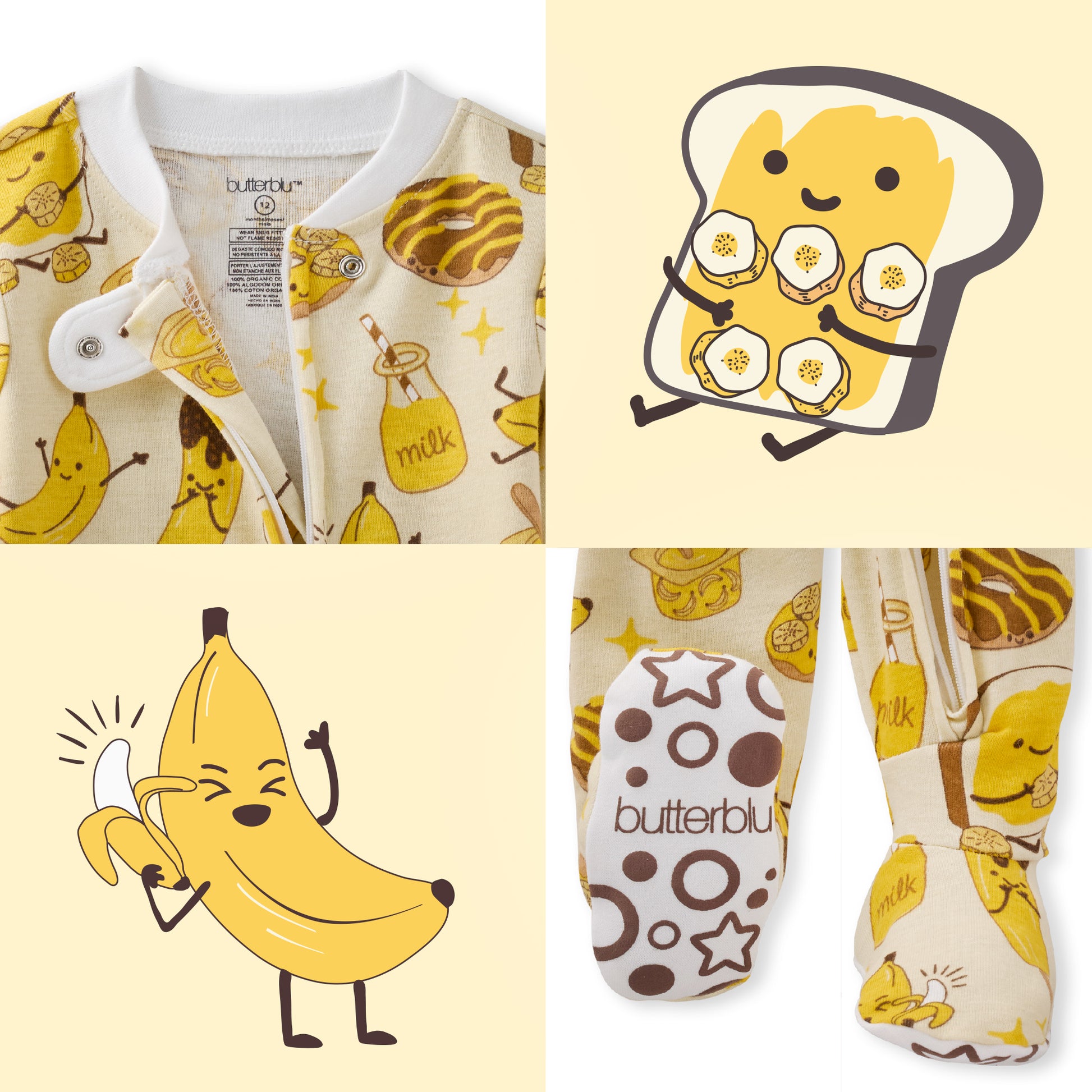 Collection of baby clothing and accessories with banana and toast designs on a light yellow background.