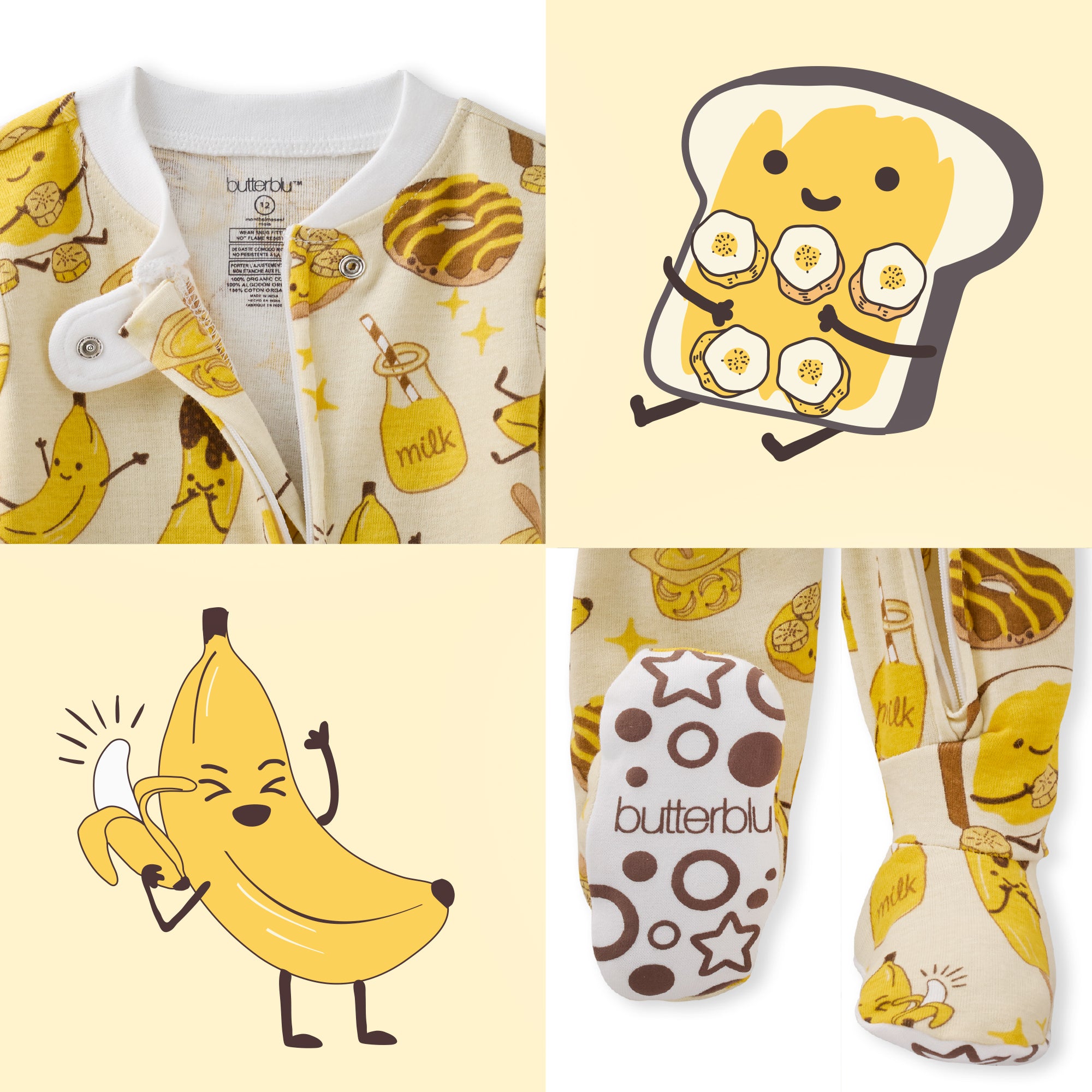 Collection of baby clothing and accessories with banana and toast designs on a light yellow background.