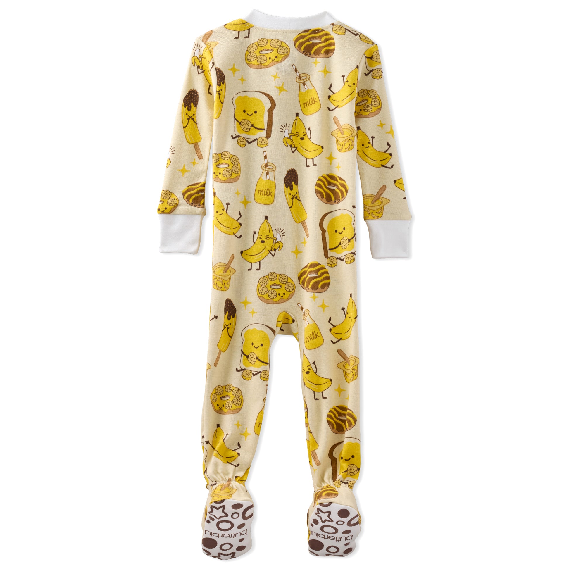 Children's onesie with banana and toast pattern on a white background