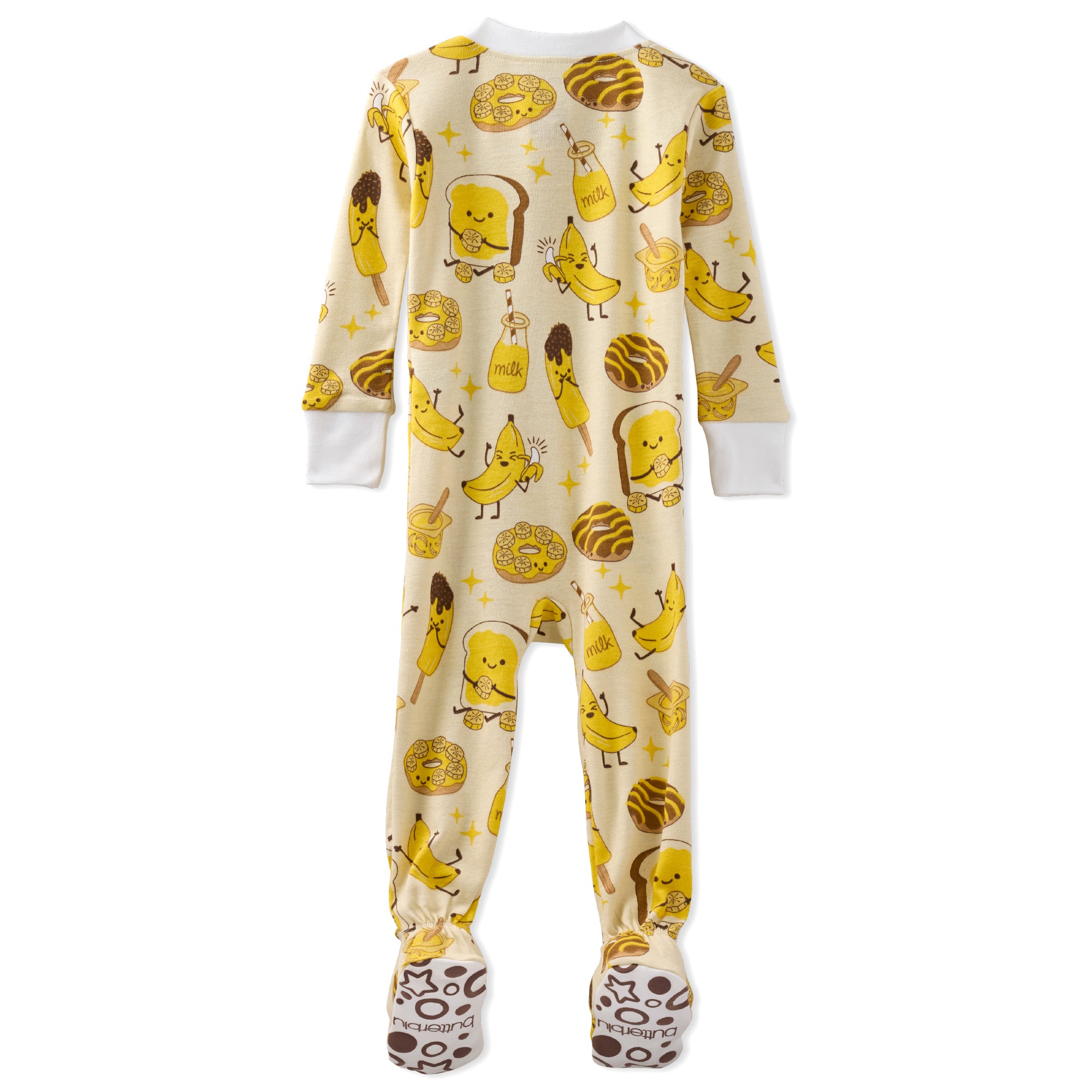 Children's onesie with banana and toast pattern on a white background