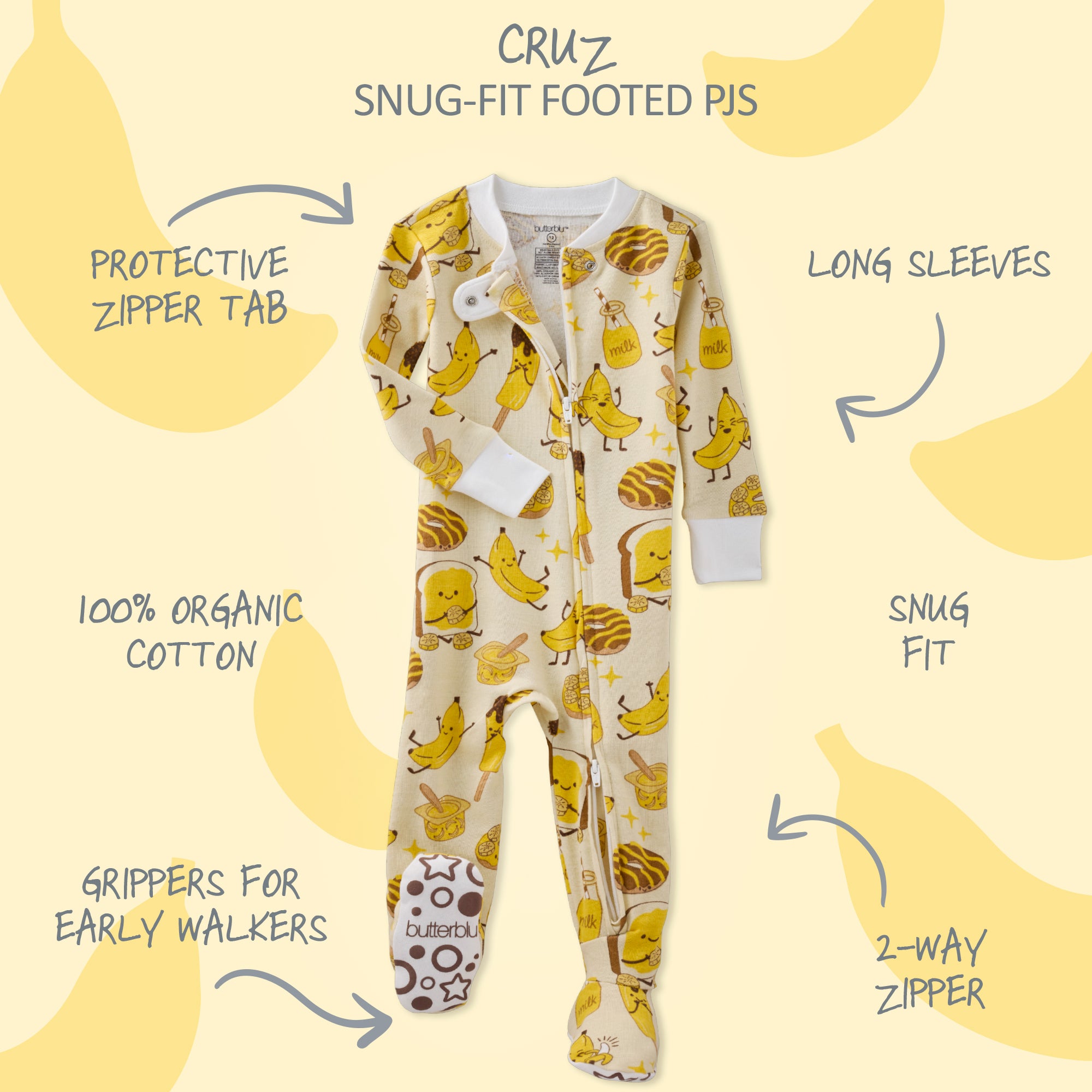 Baby onesie with banana pattern on a yellow background with text describing features.