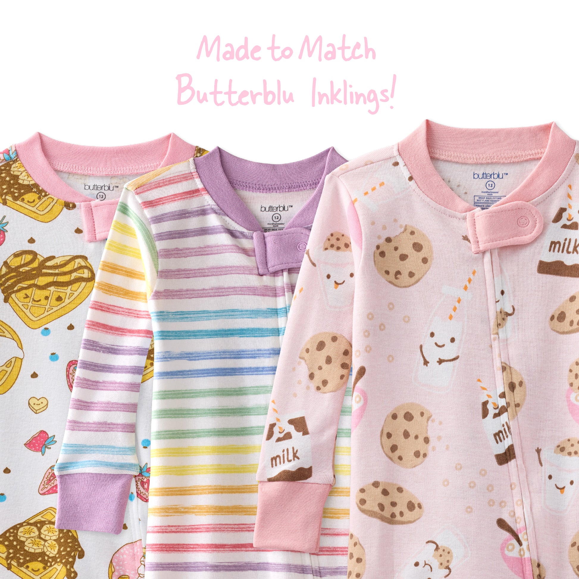 Three children's pajamas with different patterns on a white background, labeled 'Butterblu Inklings'.