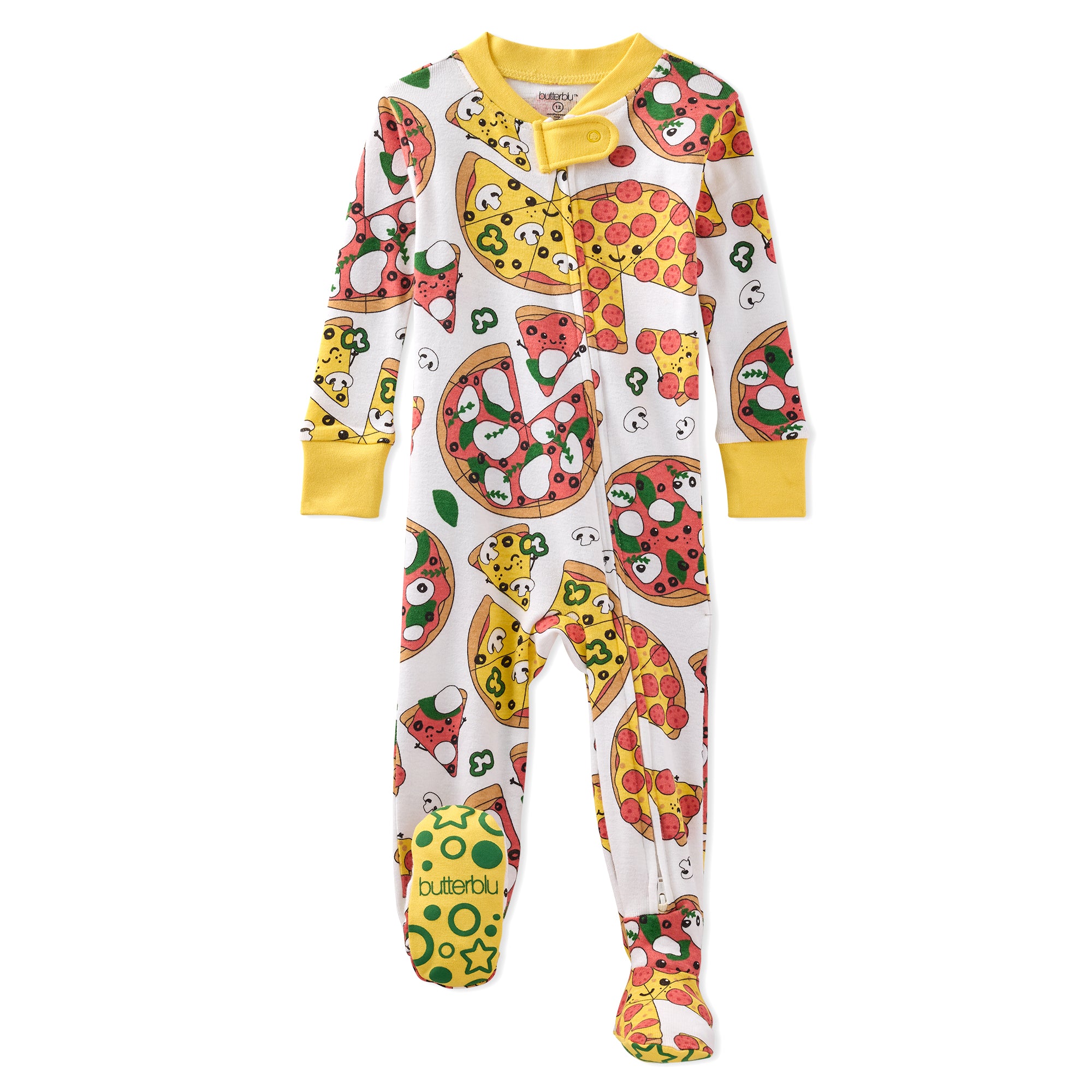 Children's onesie with pizza pattern on a white background