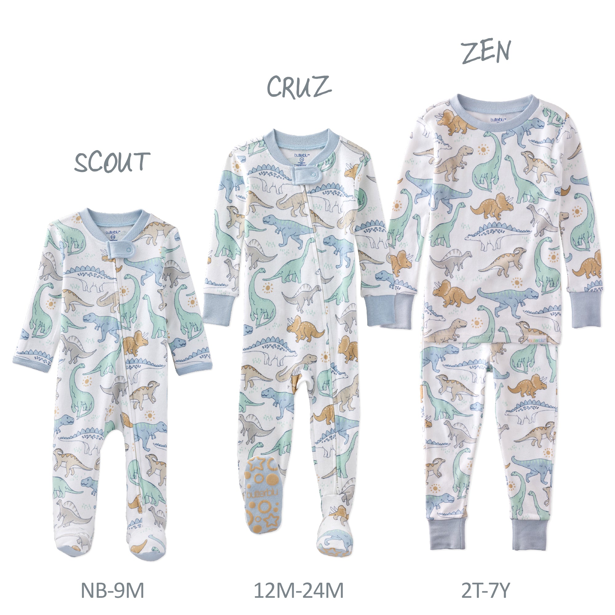 Three dinosaur-themed baby onesies labeled 'Scout', 'Cruz', and 'Zen' with size labels below.