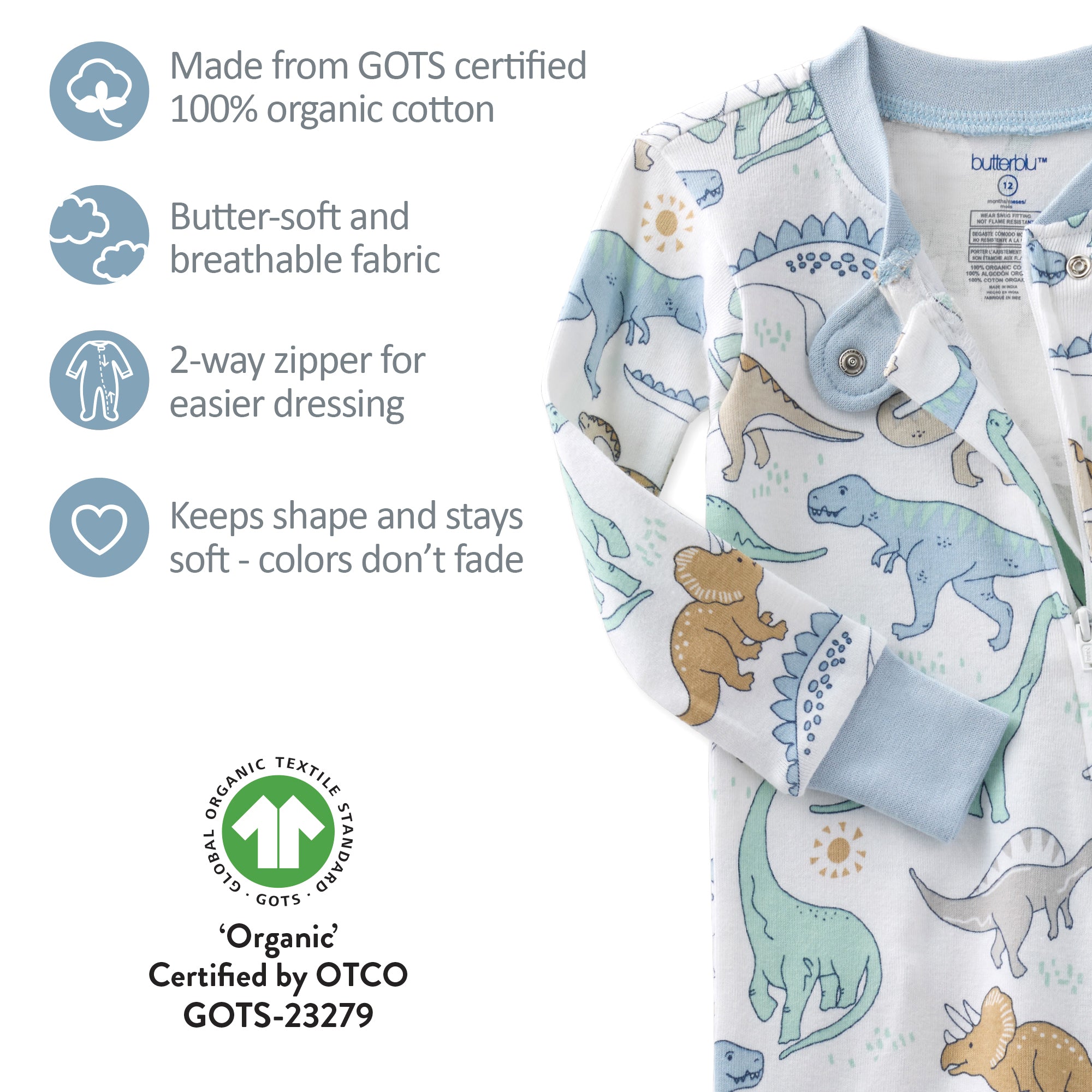 Children's outfit with dinosaur pattern and organic cotton certification details.