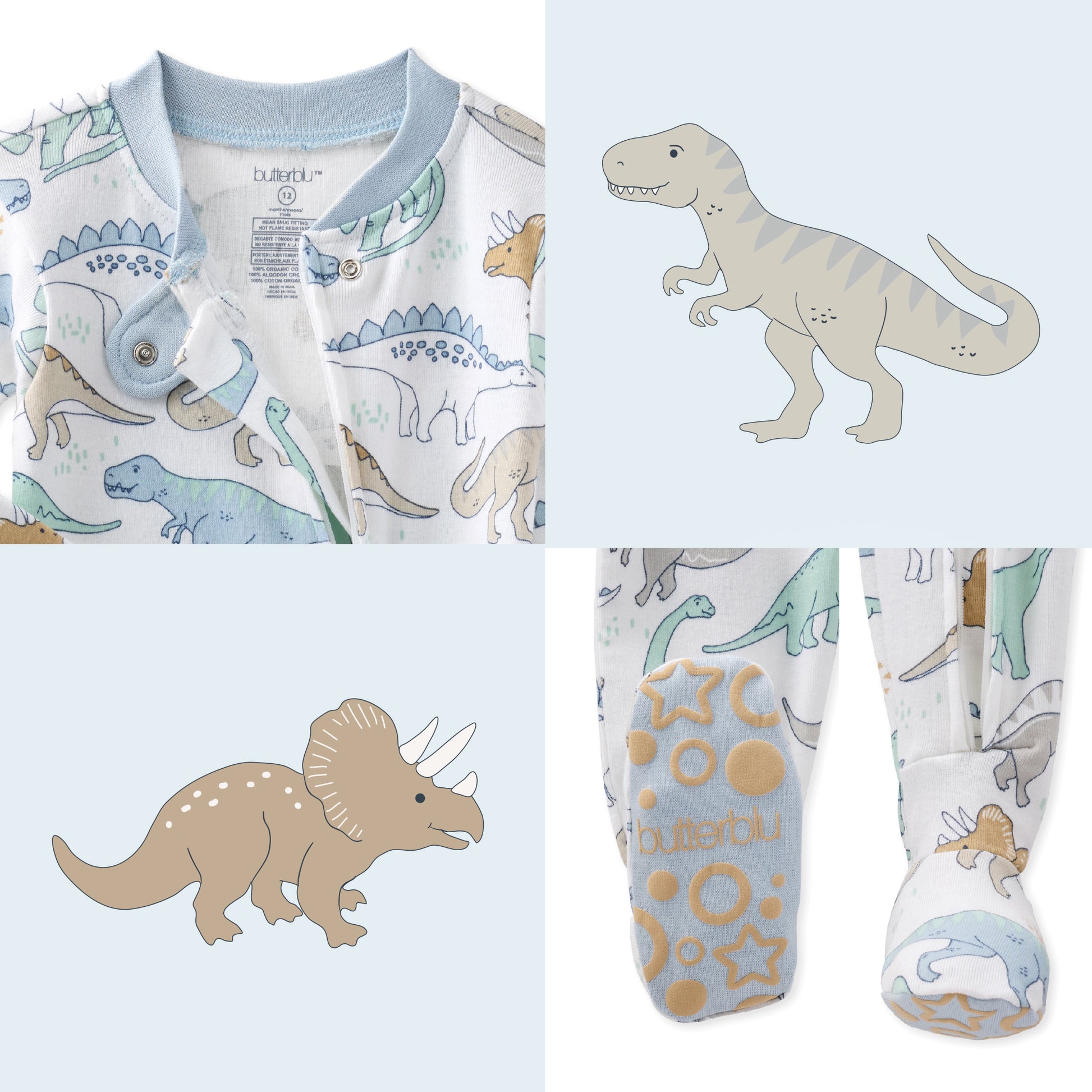 Baby clothing set with dinosaur pattern including a onesie, socks, and a dinosaur toy.