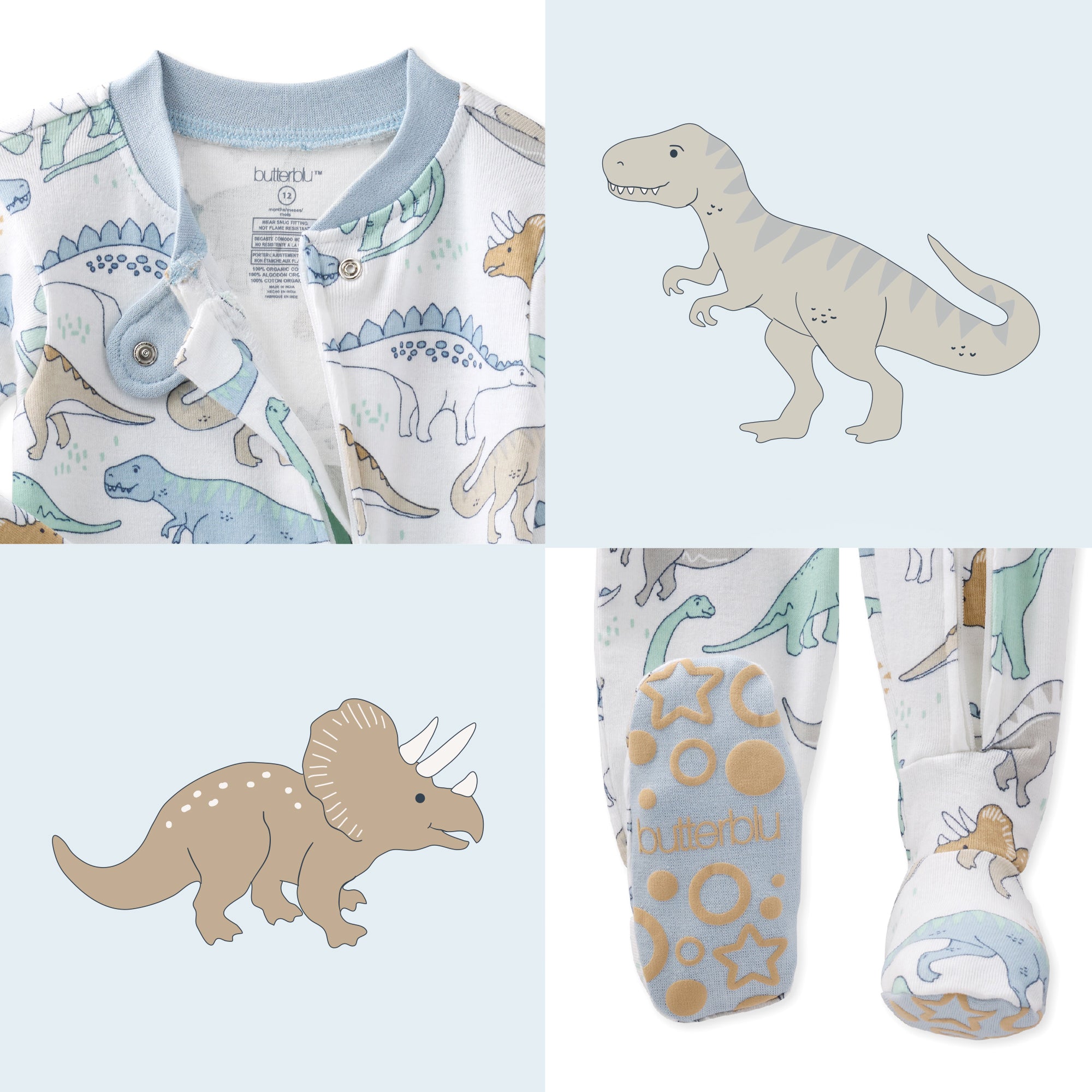 Baby clothing set with dinosaur pattern including a onesie, socks, and a dinosaur toy.