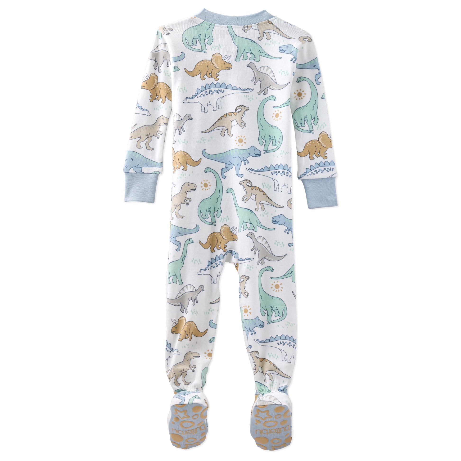 Children's onesie with dinosaur pattern on a white background