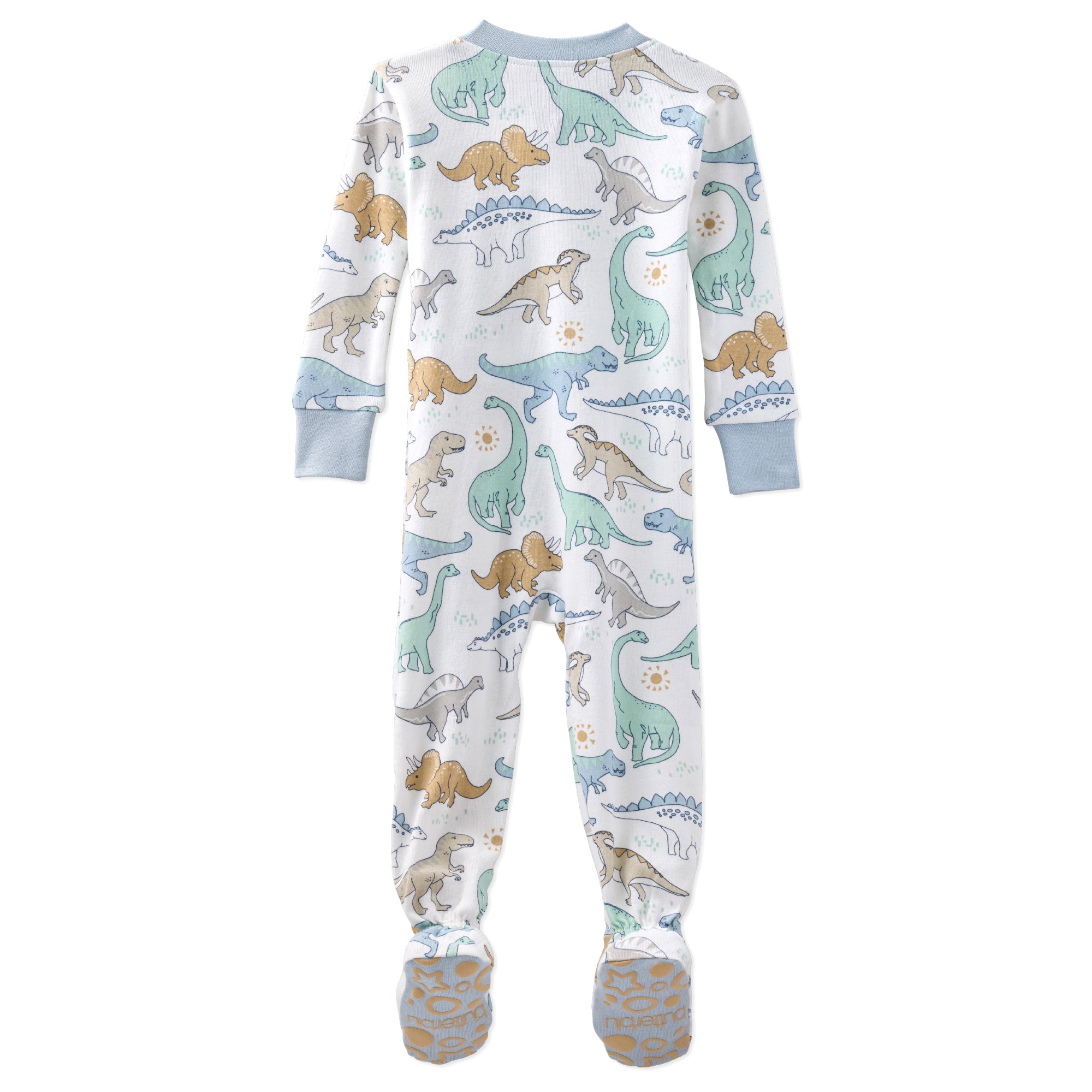 Children's onesie with dinosaur pattern on a white background