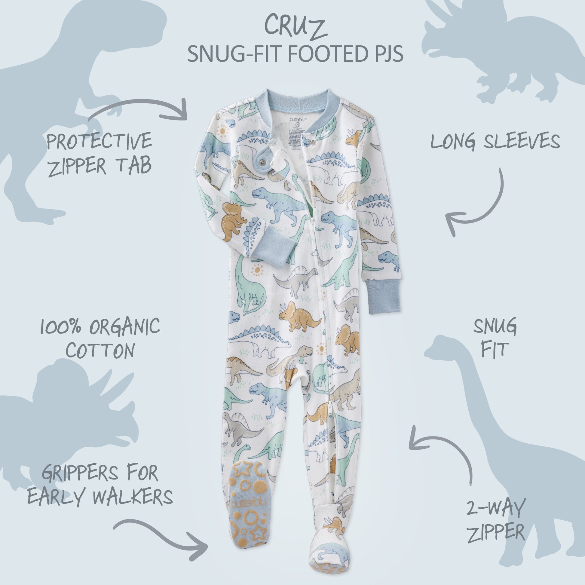 Children's dinosaur-themed pajama set with features highlighted on a light blue background