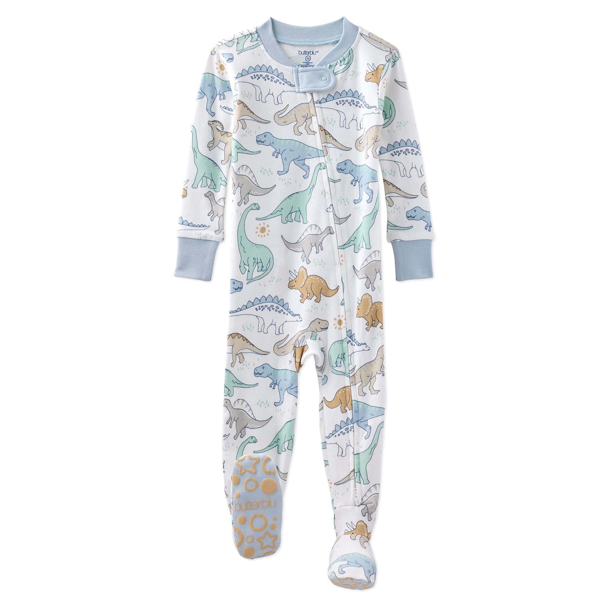 Children's onesie with dinosaur pattern on a white background