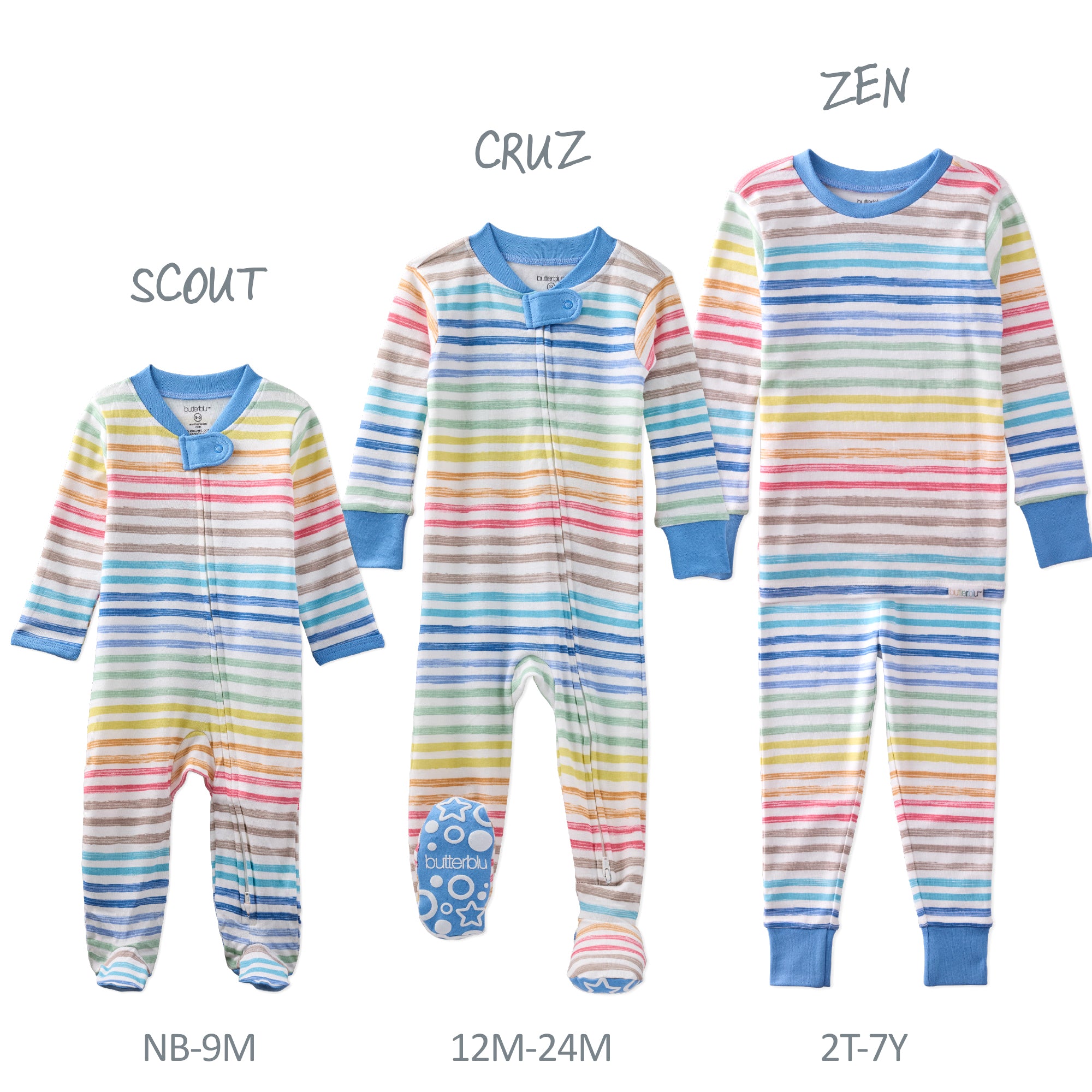 Three rainbow-striped baby onesies labeled 'Scout', 'Cruz', and 'Zen' with size indicators on a white background.