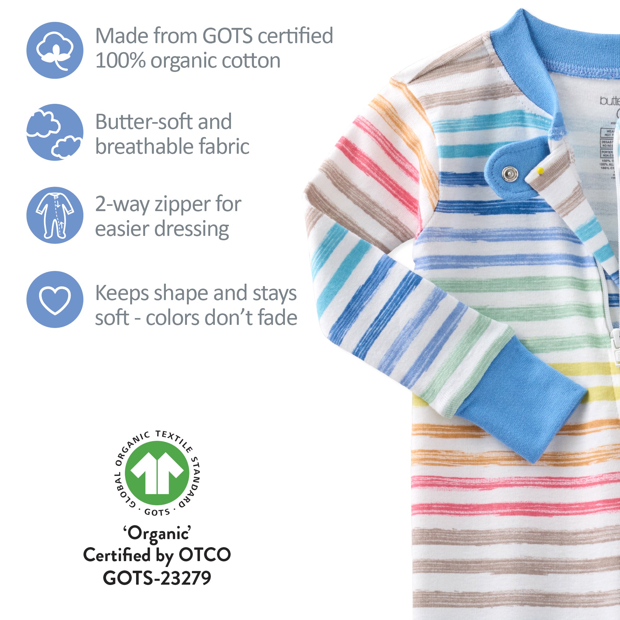 Colorful striped baby onesie with GOTS certified organic cotton features on a white background