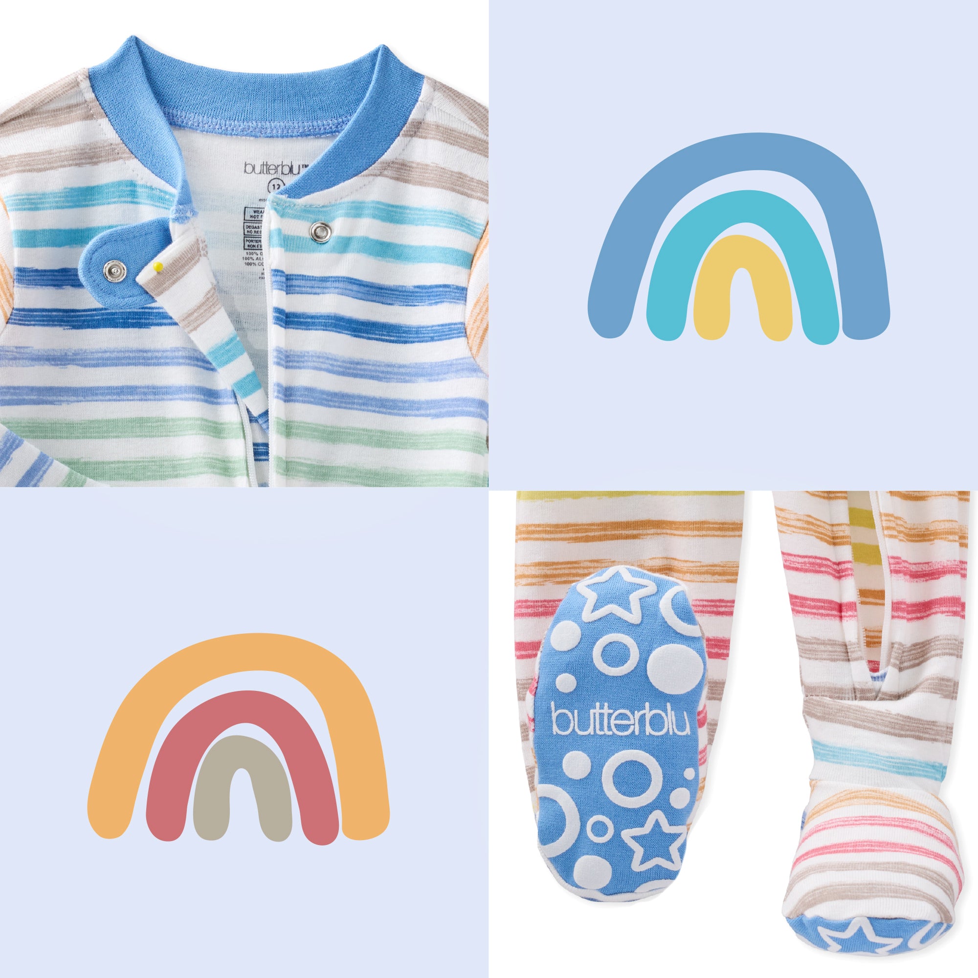 Collage of baby clothing with striped design and rainbow patterns, featuring the brand 'butterfly'.