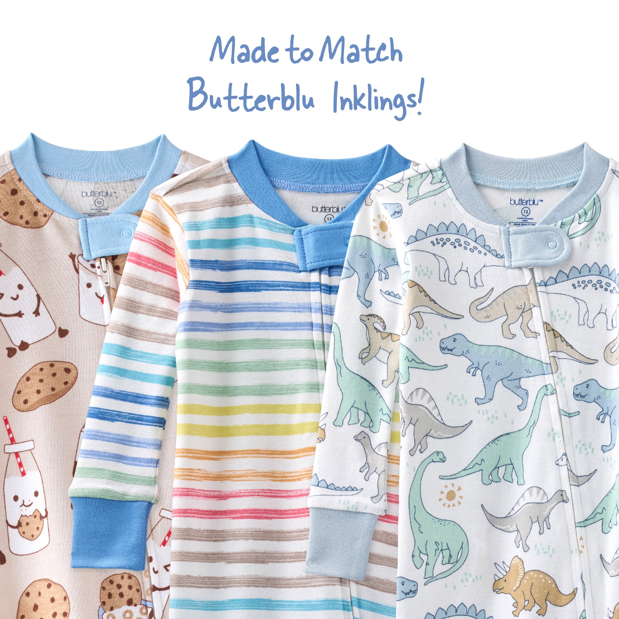 Three children's pajamas with different patterns on a white background