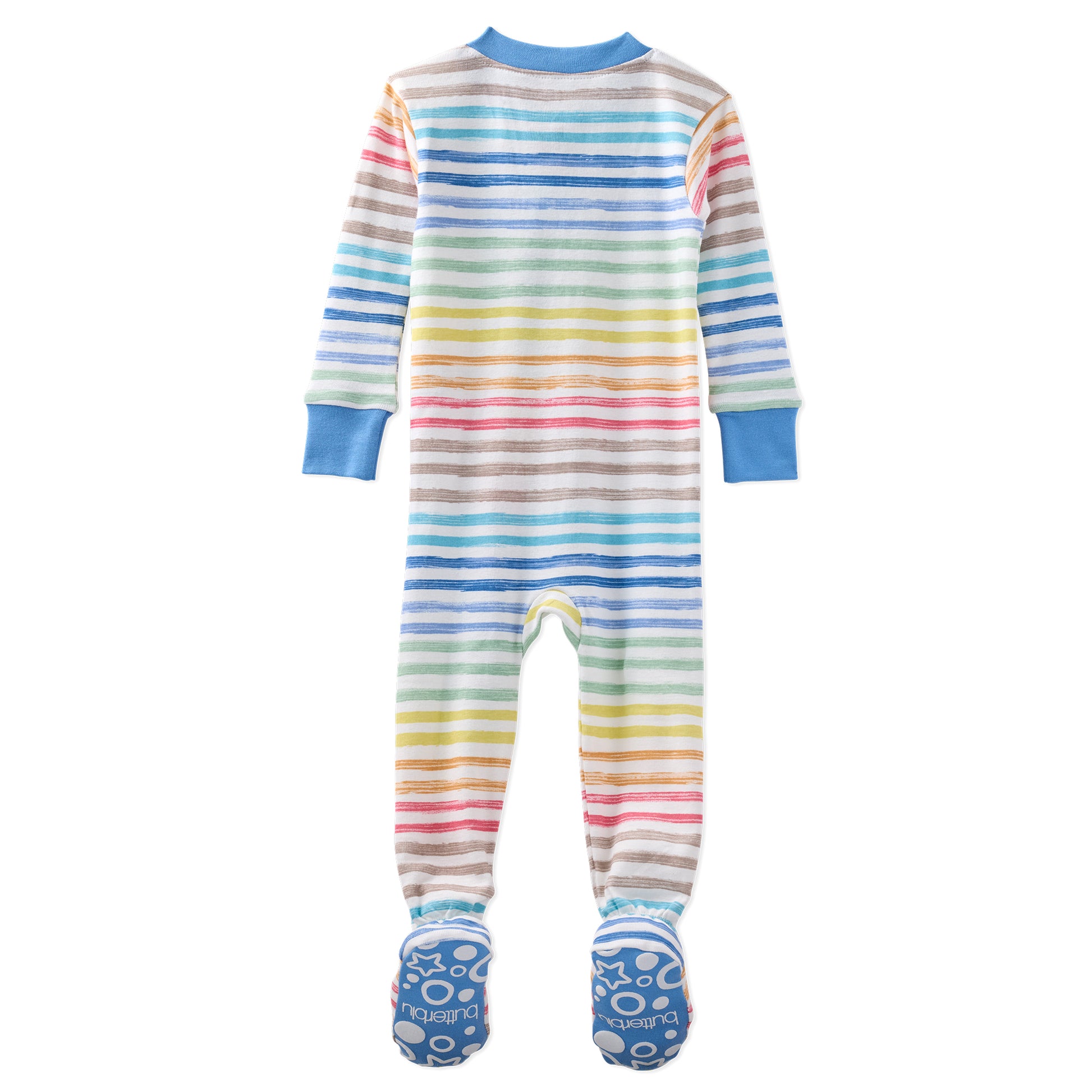 Multicolored striped baby onesie with blue cuffs and feet on a white background