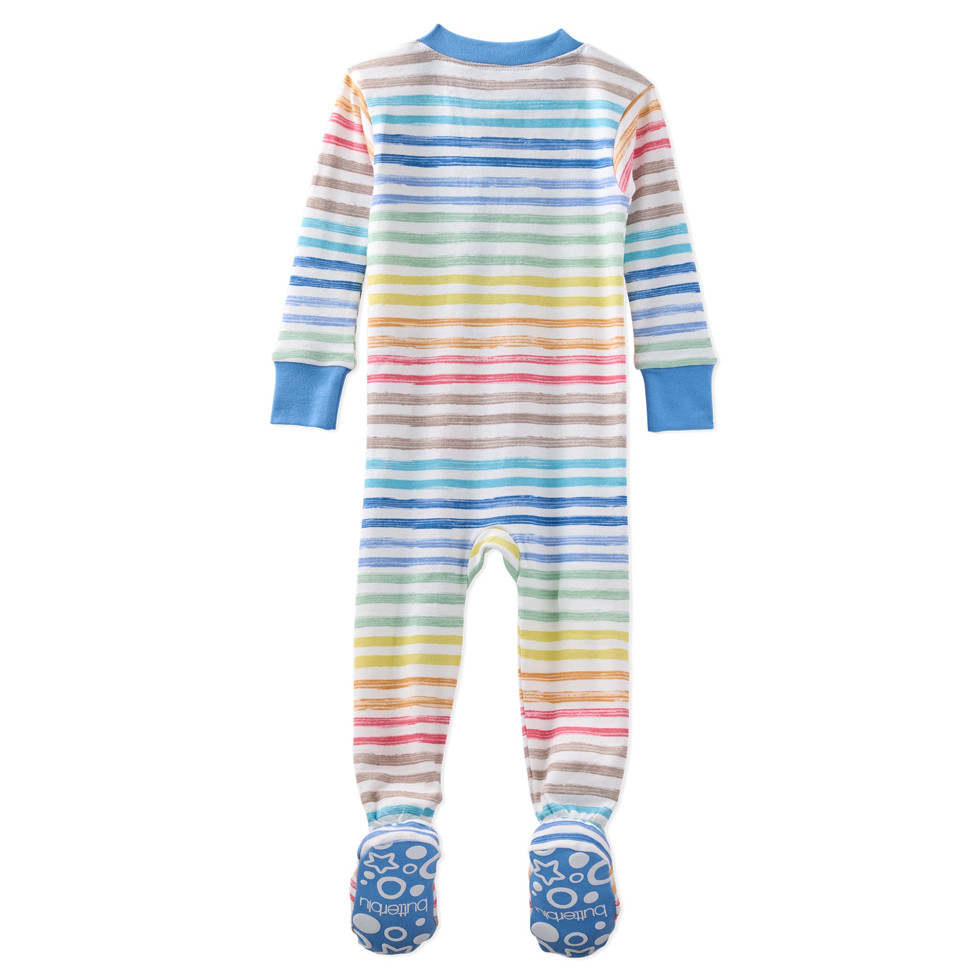 Multicolored striped baby onesie with blue cuffs and feet on a white background