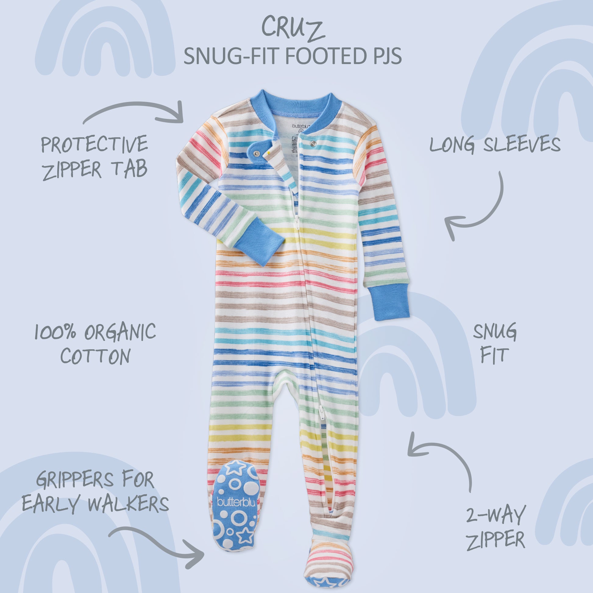 Children's rainbow striped pajamas with features highlighted on a light blue background